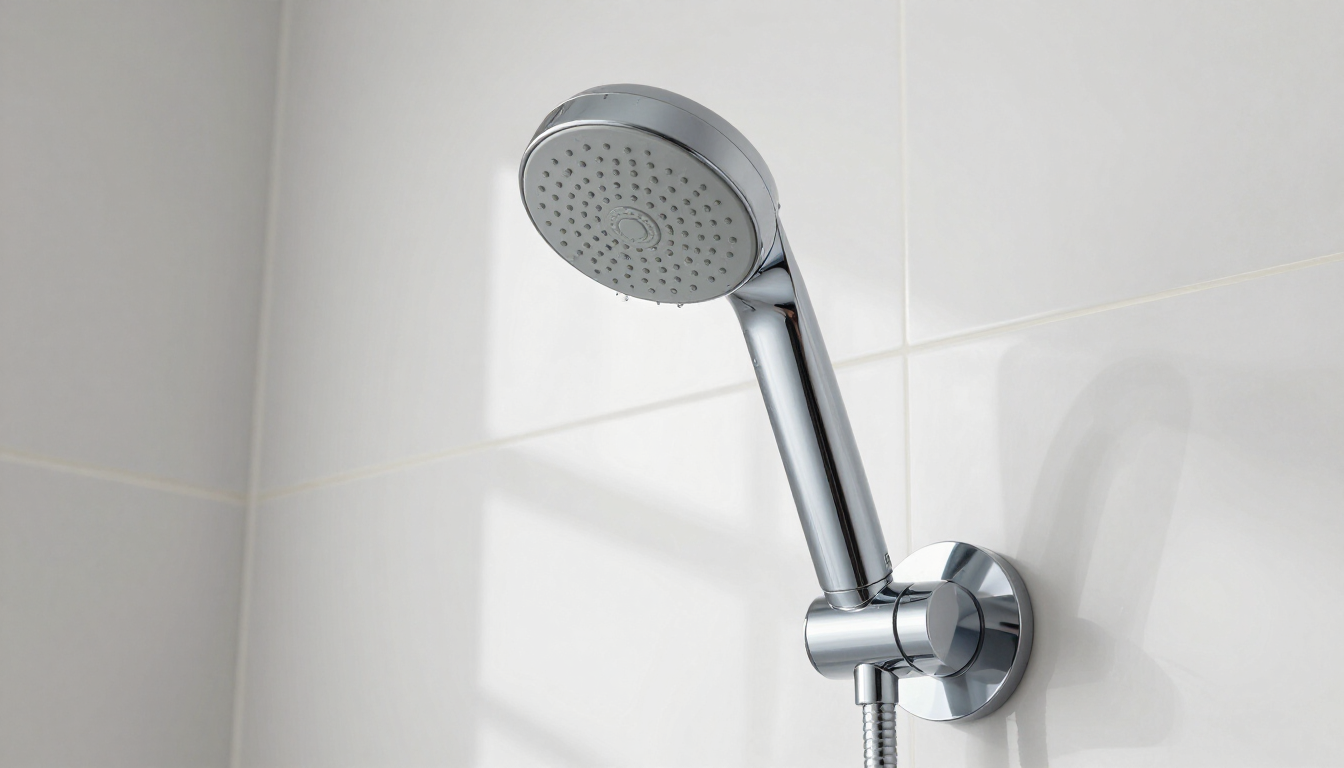 Chrome showerhead mounted on a tiled bathroom wall