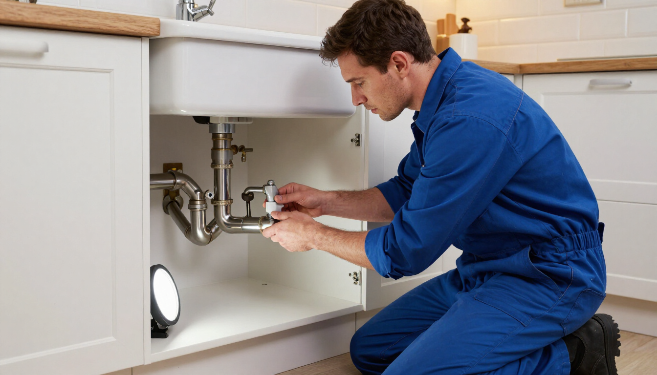 Plumber in blue coveralls repairing pipes under a kitchen sink with cabinet doors open