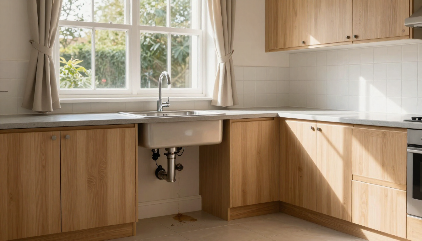Bright kitchen with wood cabinets, a white sink under a window, and sunlight on the counter.