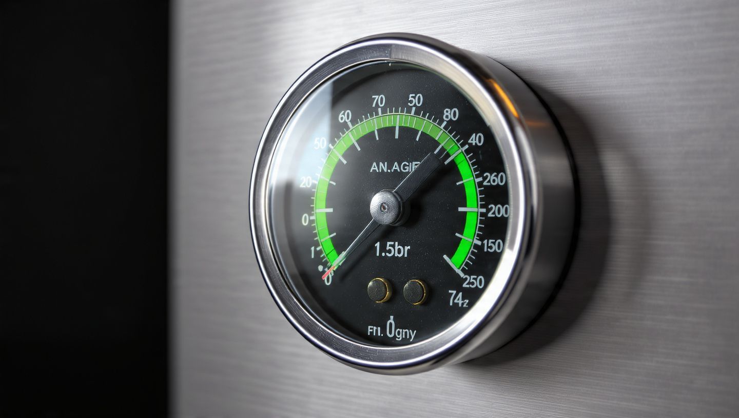 Close-up of a round car gauge on a brushed metal dashboard, lit with green markings and a needle indicator