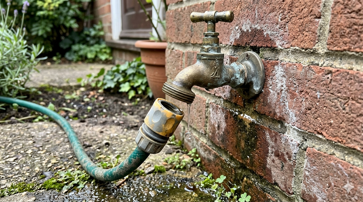 Garden hose connected to an outdoor faucet on a brick wall, with terracotta pots in the background