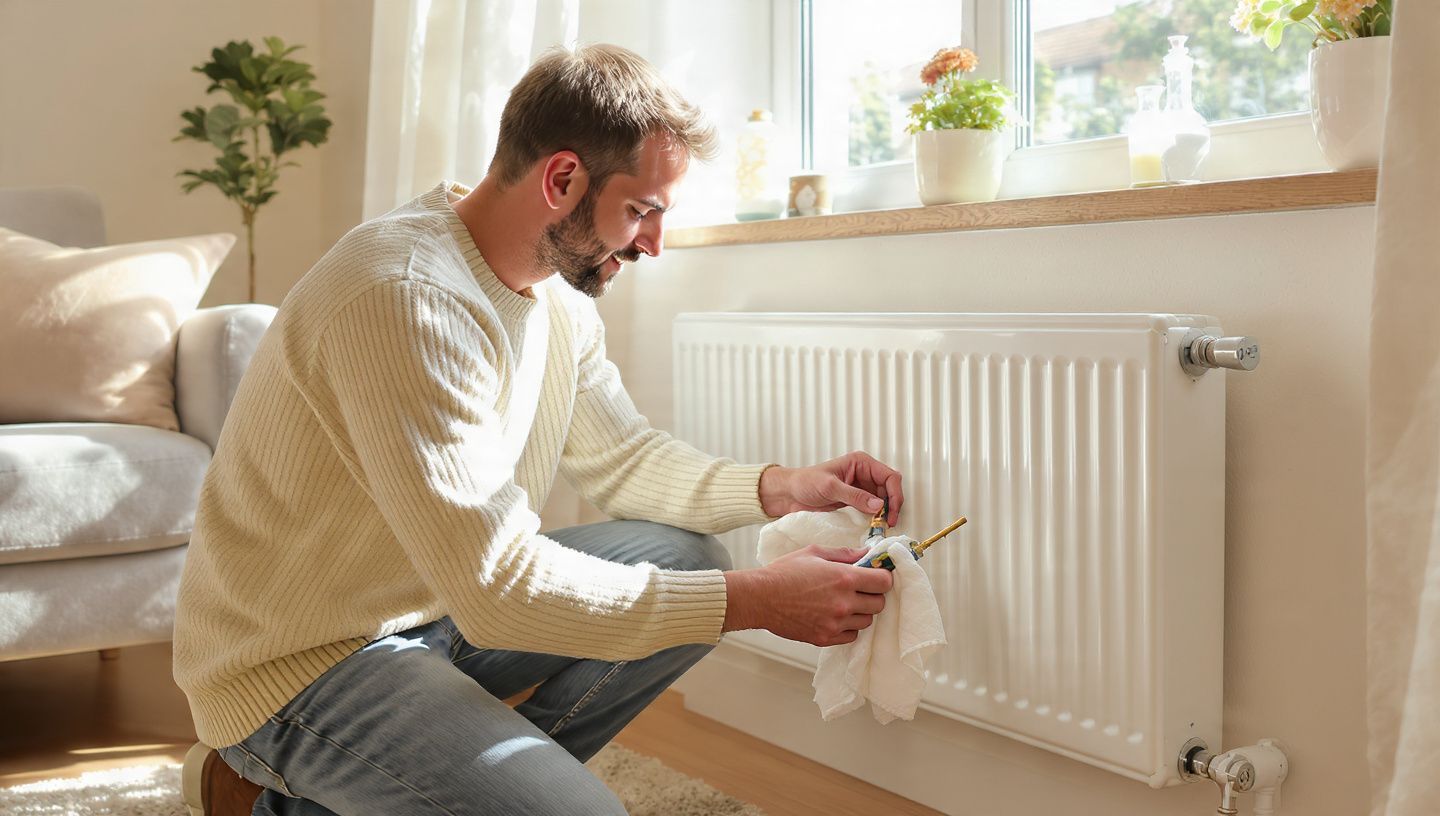 Man repairing a white radiator with a wrench in a sunlit living room