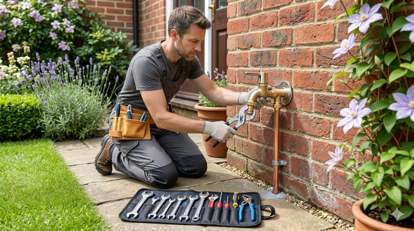 Technician kneeling by a brick wall, repairing an outdoor faucet with tools laid out on the ground.