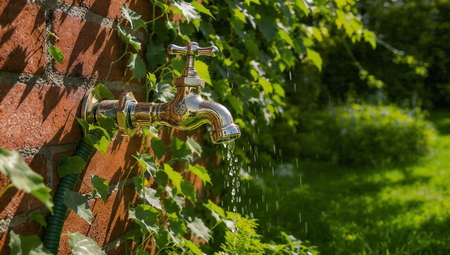 Water flowing from a faucet into a leafy garden beside a brick wall.