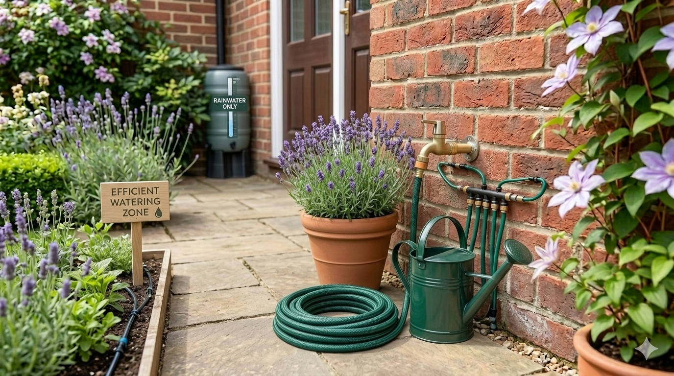 Narrow brick garden path with potted purple flowers, green hose, and watering cans