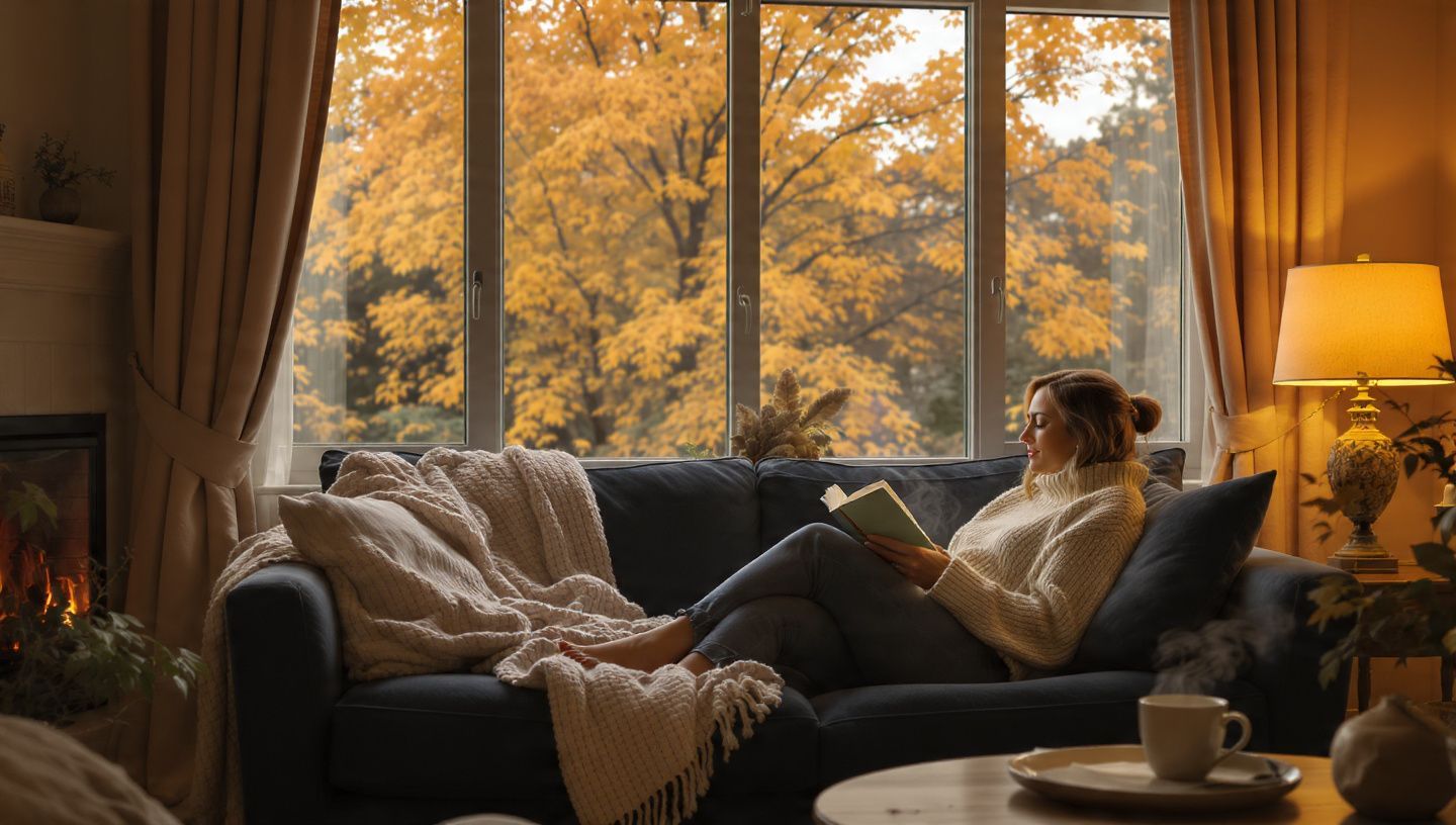 Person relaxing on a sofa by a window, with warm autumn trees outside and a glowing lamp beside them.