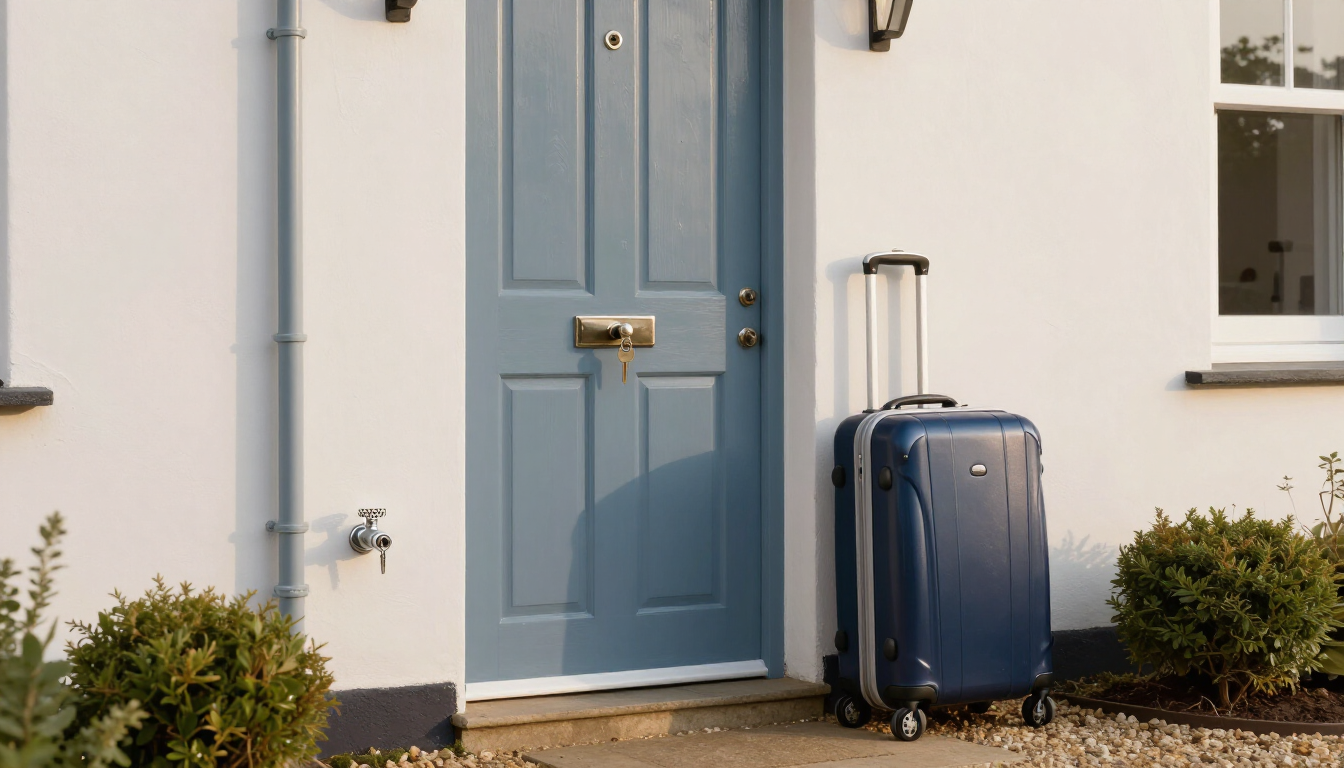 Blue front door with a navy suitcase on the doorstep beside potted shrubs
