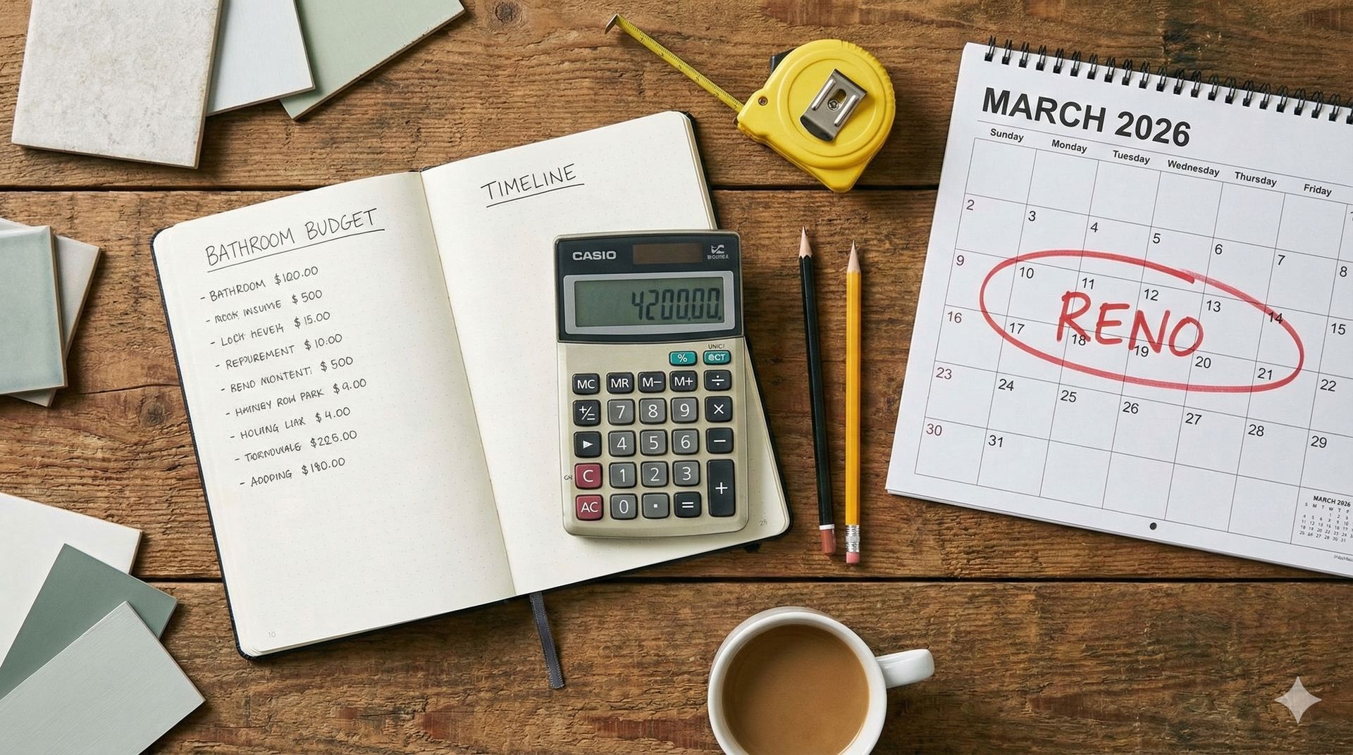 Wooden desk with paint samples, notebook, calculator, calendar marked 