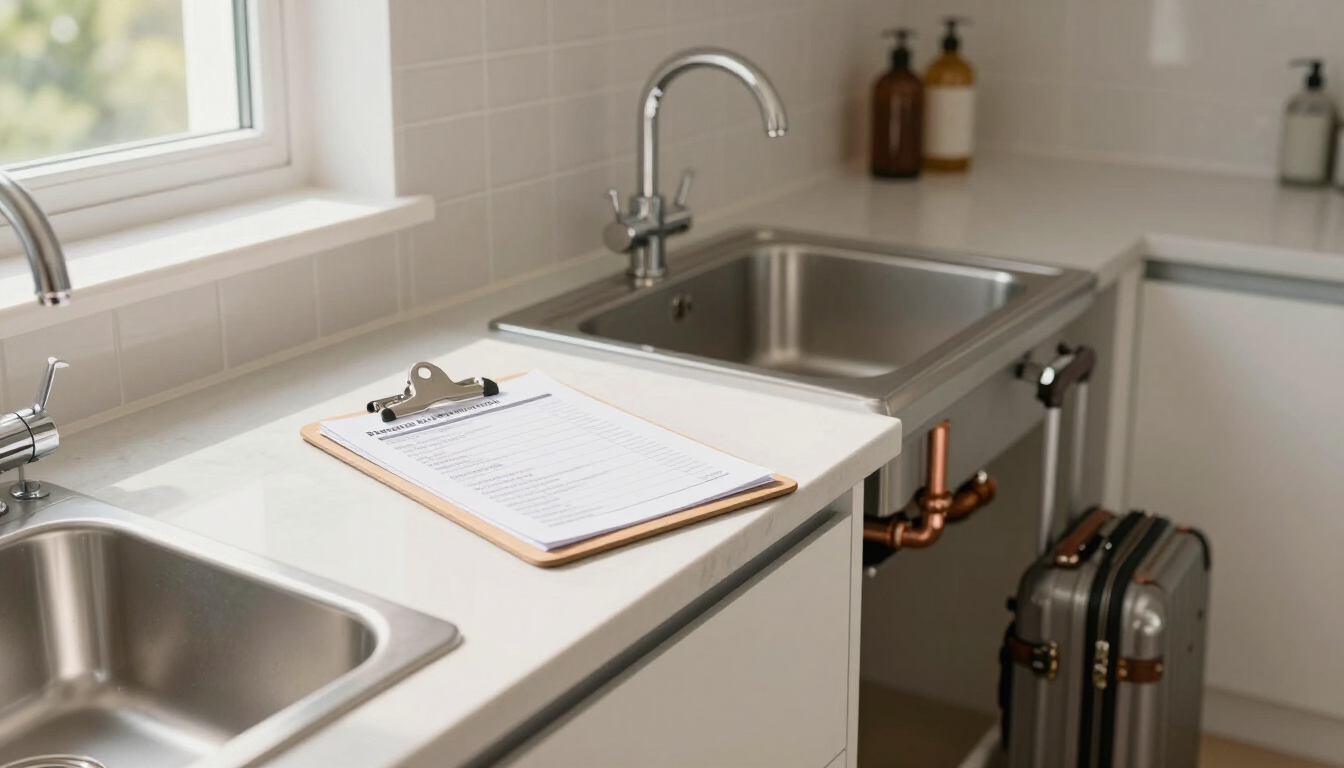 Kitchen sink with clipboard on counter, next to a window and a rolling suitcase by the sink
