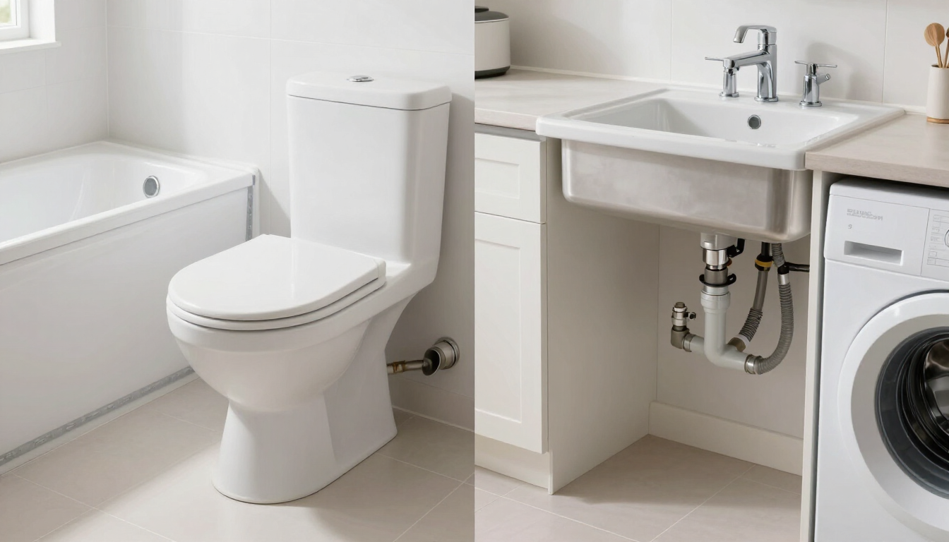 Modern white bathroom with bathtub, toilet, sink, and washing machine