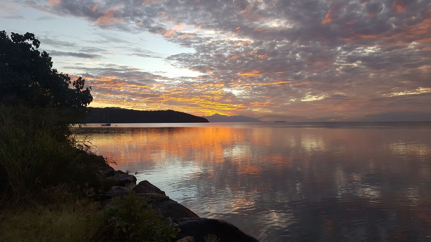 Un coucher de soleil sur un plan d’eau avec des arbres au premier plan.
