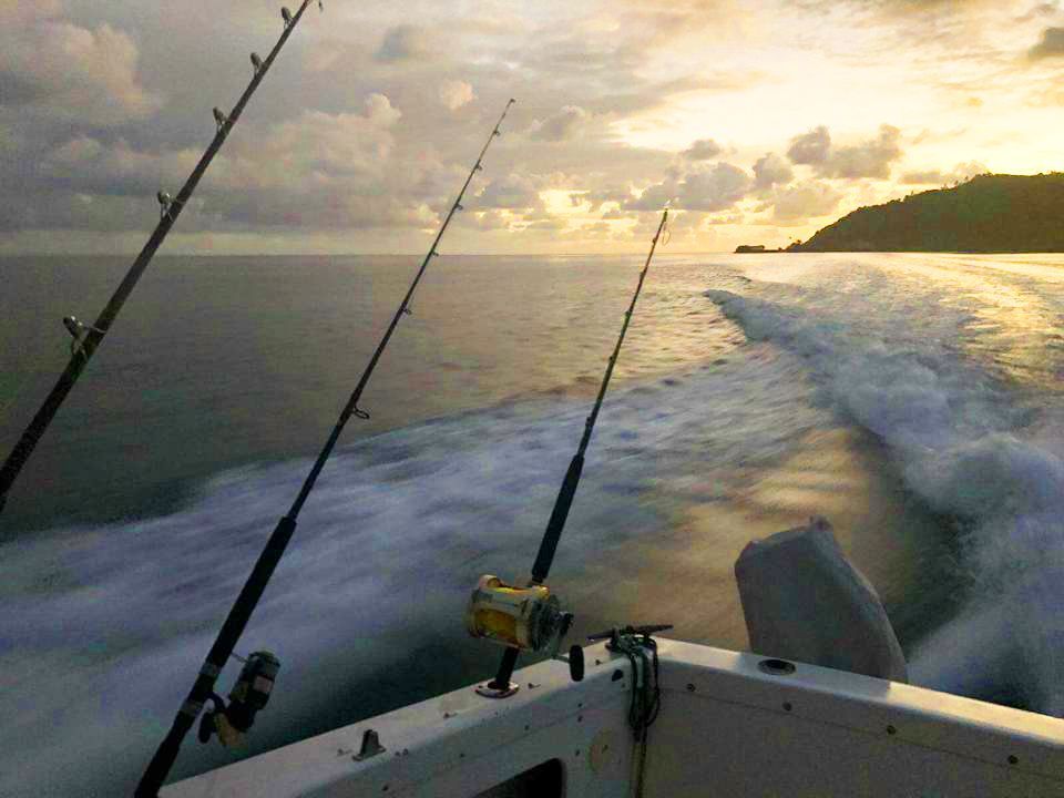 Deux cannes à pêche sur un bateau dans l'océan