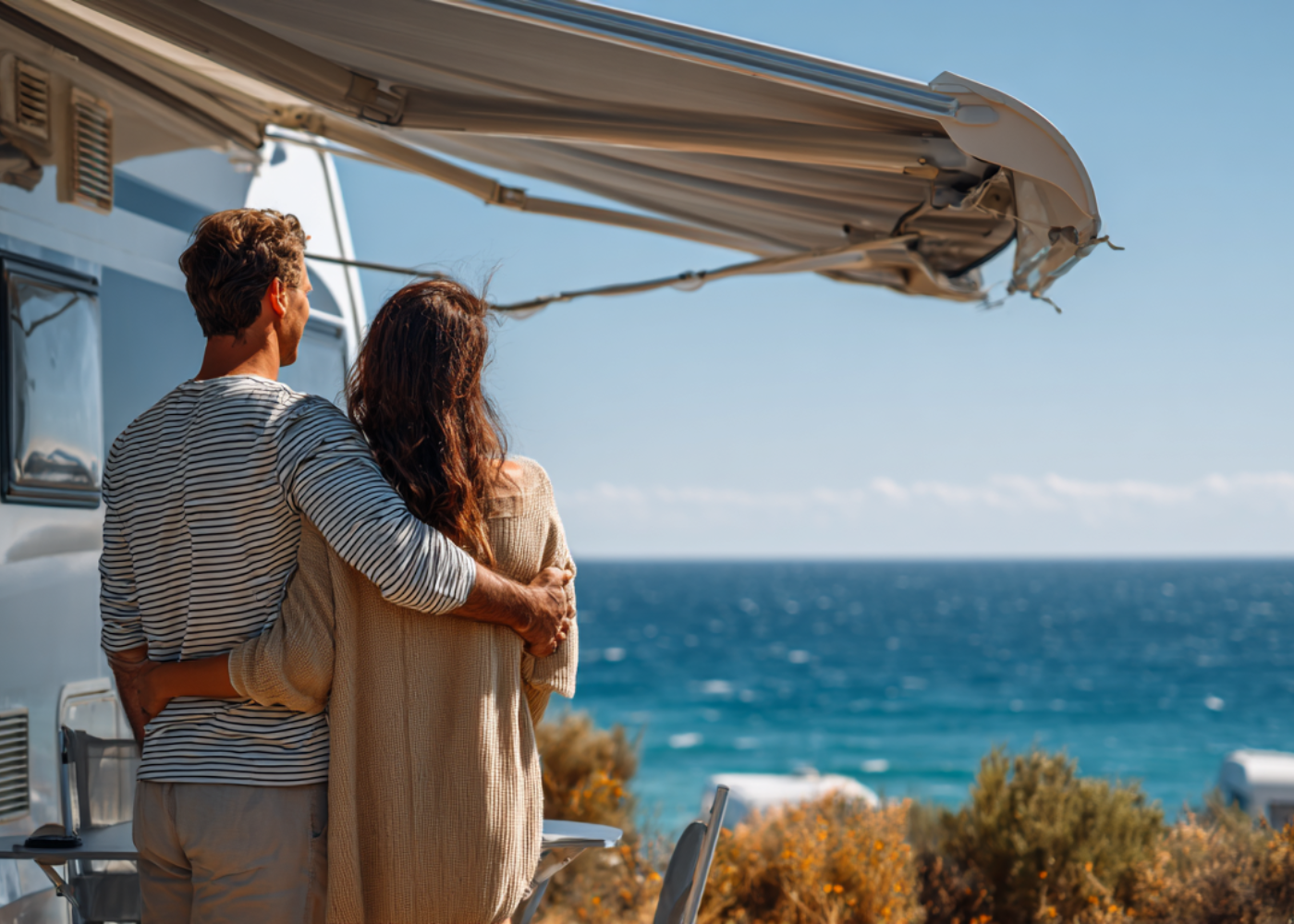 Couple embracing on a balcony, looking out over a blue ocean under a clear sky