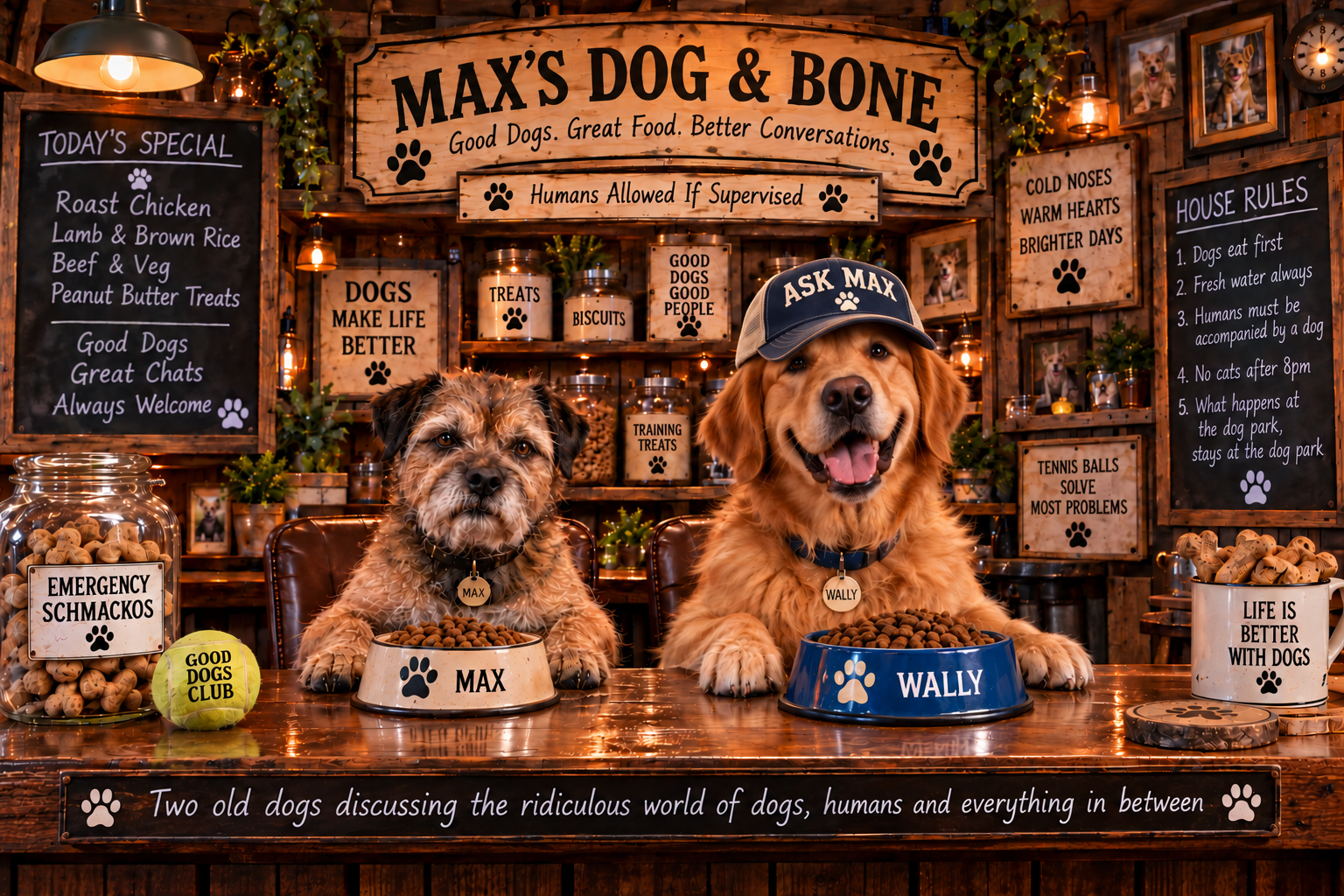 Two dogs behind a bakery counter in a cozy shop with “Max’s Dog & Bone” sign and menu boards