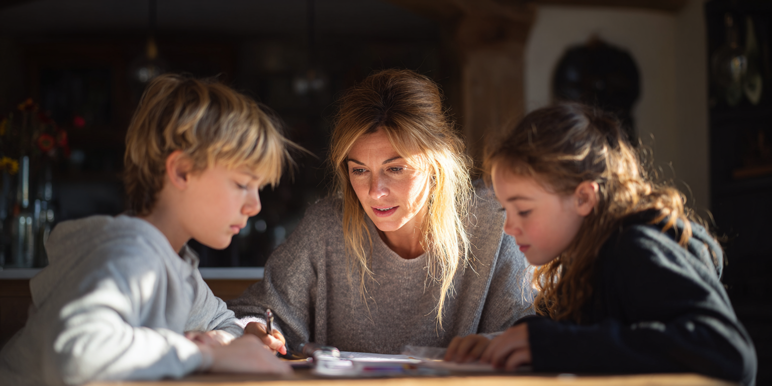 A woman helping two children with homework at a table. Sunlight streams in.