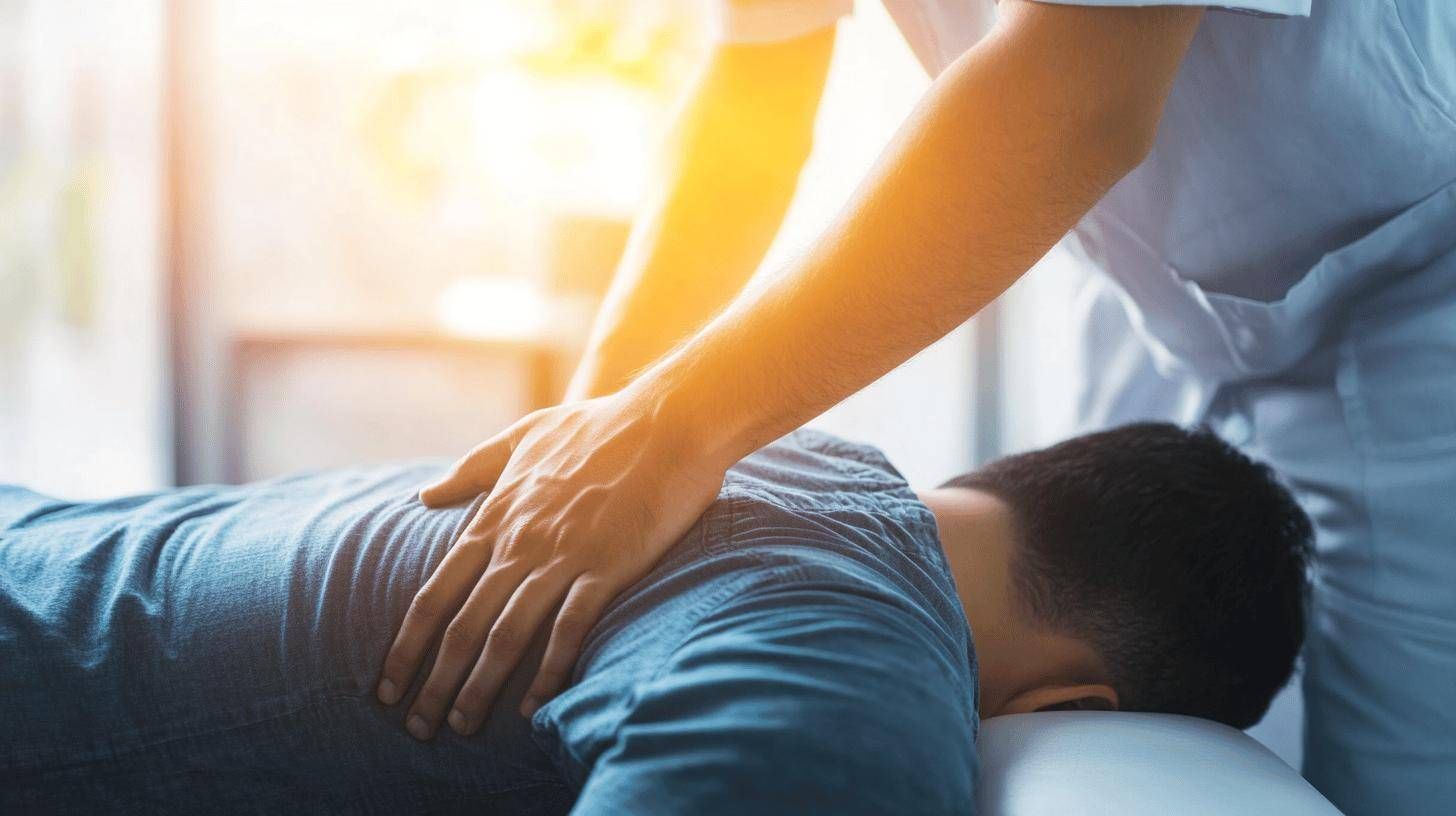 Person receiving back massage from a healthcare professional in a bright room.