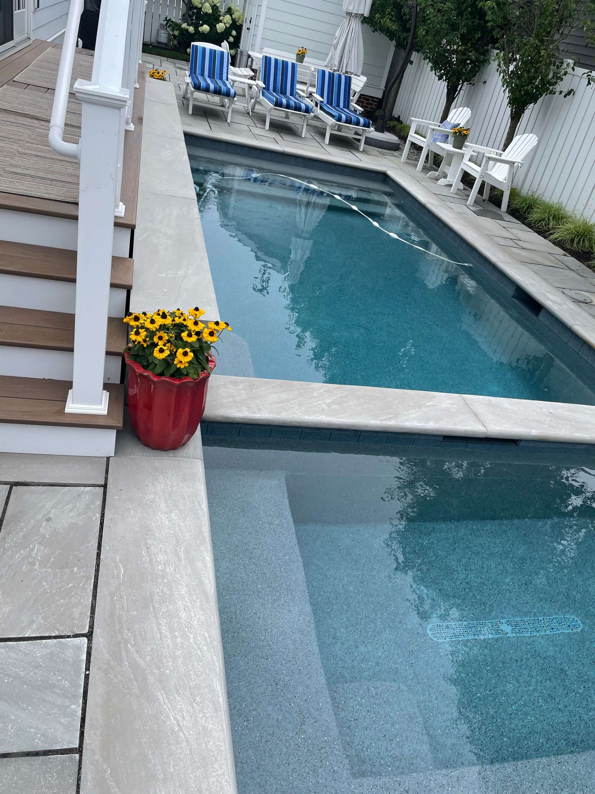 Backyard pool with blue water, white lounge chairs, and a red pot of yellow flowers by the steps