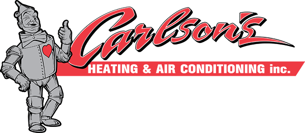 Carlson’s Heating & Air Conditioning logo with a gray mascot holding a red heart and red script text