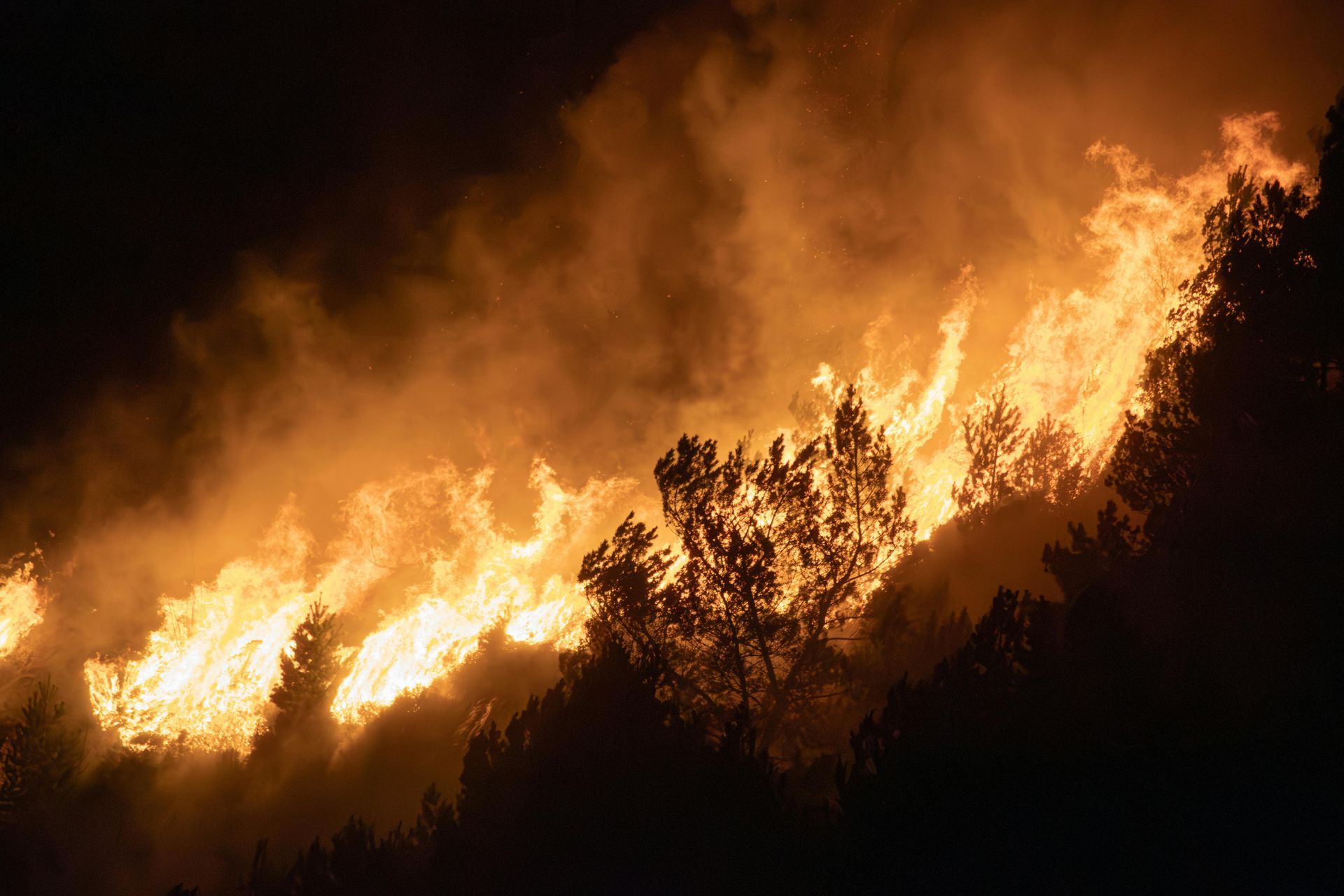 Wildfire flames blaze along a smoky mountainside at night