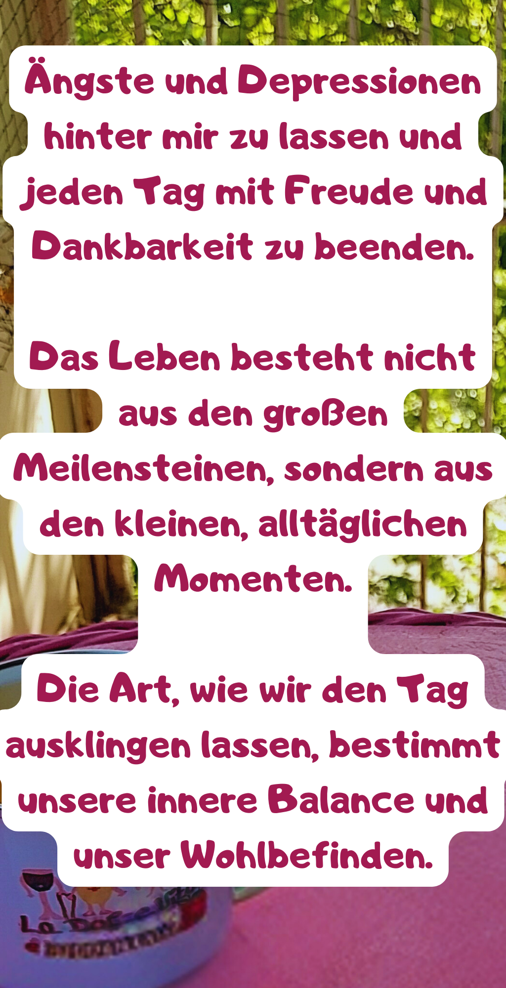 Die italienische Aperitivo-Kultur ist mehr als nur ein Getränk mit ein paar Snacks – sie ist eine Lebenseinstellung. 
Sie lädt uns ein, den Feierabend bewusst zu genießen, uns selbst etwas Gutes zu tun und die Verbundenheit mit anderen Menschen zu spüren.
Mit meiner ciaovita Abendroutine habe ich einen Weg gefunden, um seelisch gesund zu bleiben, 