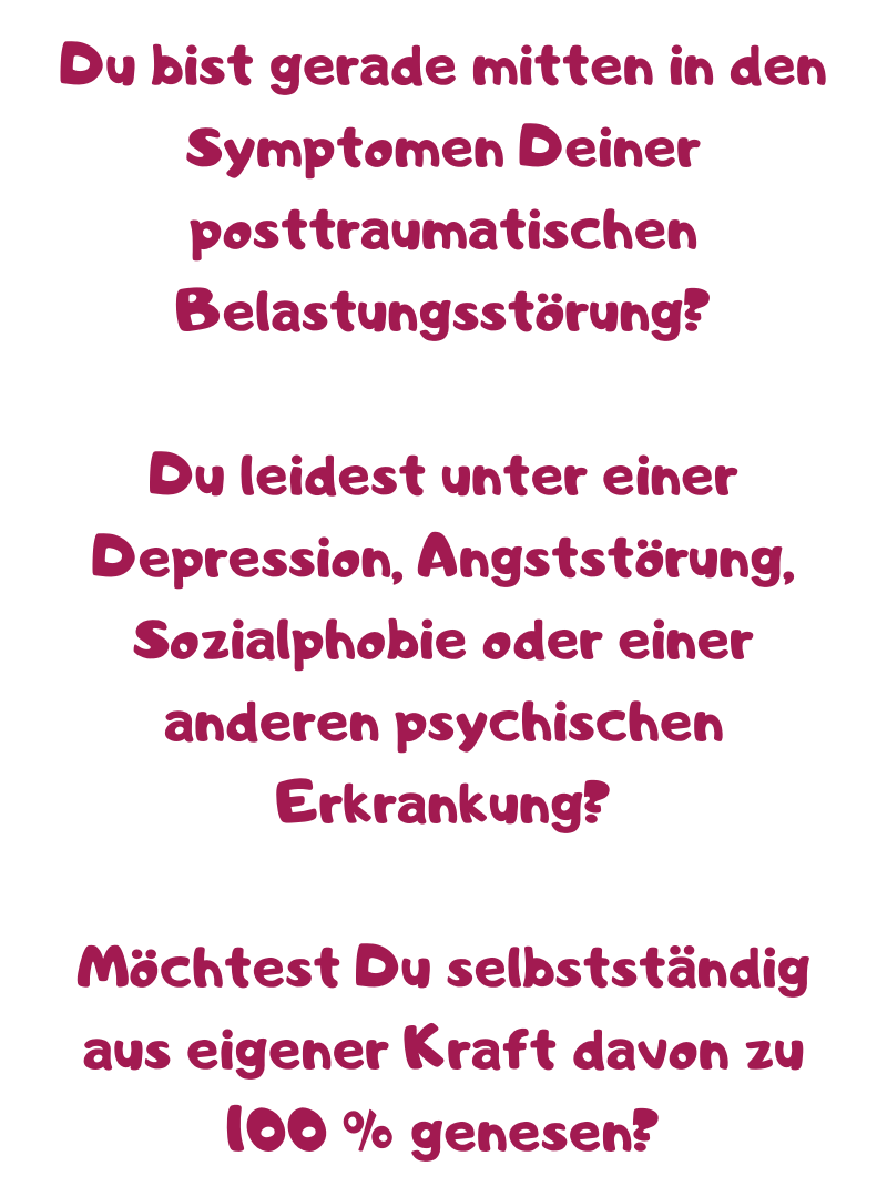 Du bist gerade mitten in den Symptomen Deiner posttraumatischen Belastungsstörung?
Du leidest unter einer Depression, Angststörung, Sozialphobie oder einer anderen psychischen Erkrankung?
Möchtest Du selbstständig aus eigener Kraft davon zu 100 % genesen?
