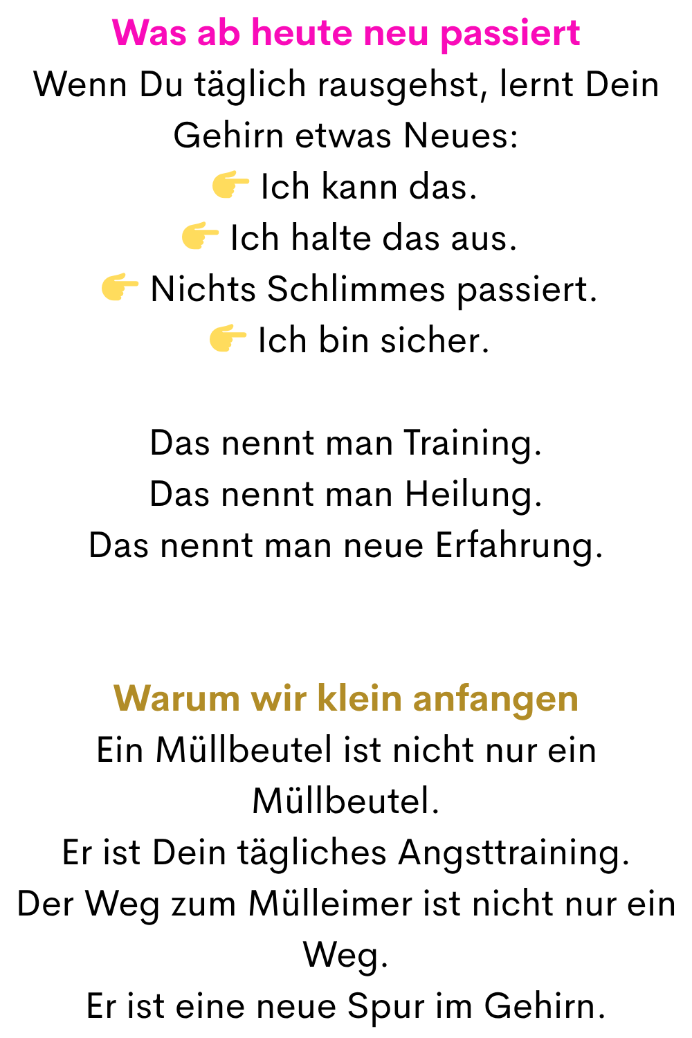 Was ab heute neu passiert
Wenn Du täglich rausgehst, lernt Dein Gehirn etwas Neues:
 Ich kann das.
  Ich halte das aus.
  Nichts Schlimmes passiert.
  Ich bin sicher.
Das nennt man Training.
Das nennt man Heilung.
Das nennt man neue Erfahrung.
Warum wir klein anfangen
Ein Müllbeutel ist nicht nur ein Müllbeutel.
Er ist Dein tägliches Angsttraining.
Der Weg zum Mülleimer ist nicht nur ein Weg.
Er ist eine neue Spur im Gehirn.
