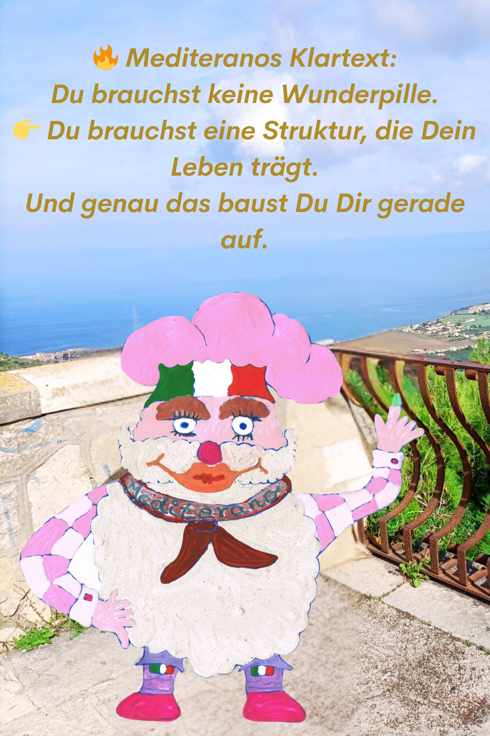 Mediteranos Klartext:
Du brauchst keine Wunderpille.
Du brauchst eine Struktur, die Dein Leben trägt.
Dein ciaovita Mediterano.
Und genau das baust Du Dir gerade auf.