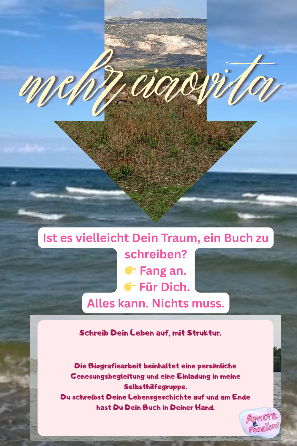 mehr ciaovita
Ist es vielleicht Dein Traum, ein Buch zu schreiben?
Fang an.
Für Dich.
Alles kann. Nichts muss.