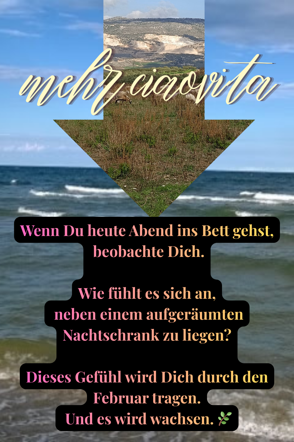 mehr ciaovita
Wenn Du heute Abend ins Bett gehst,
 beobachte Dich.
Wie fühlt es sich an,
 neben einem aufgeräumten Nachtschrank zu liegen?
Dieses Gefühl wird Dich durch den Februar tragen.
 Und es wird wachsen. 
