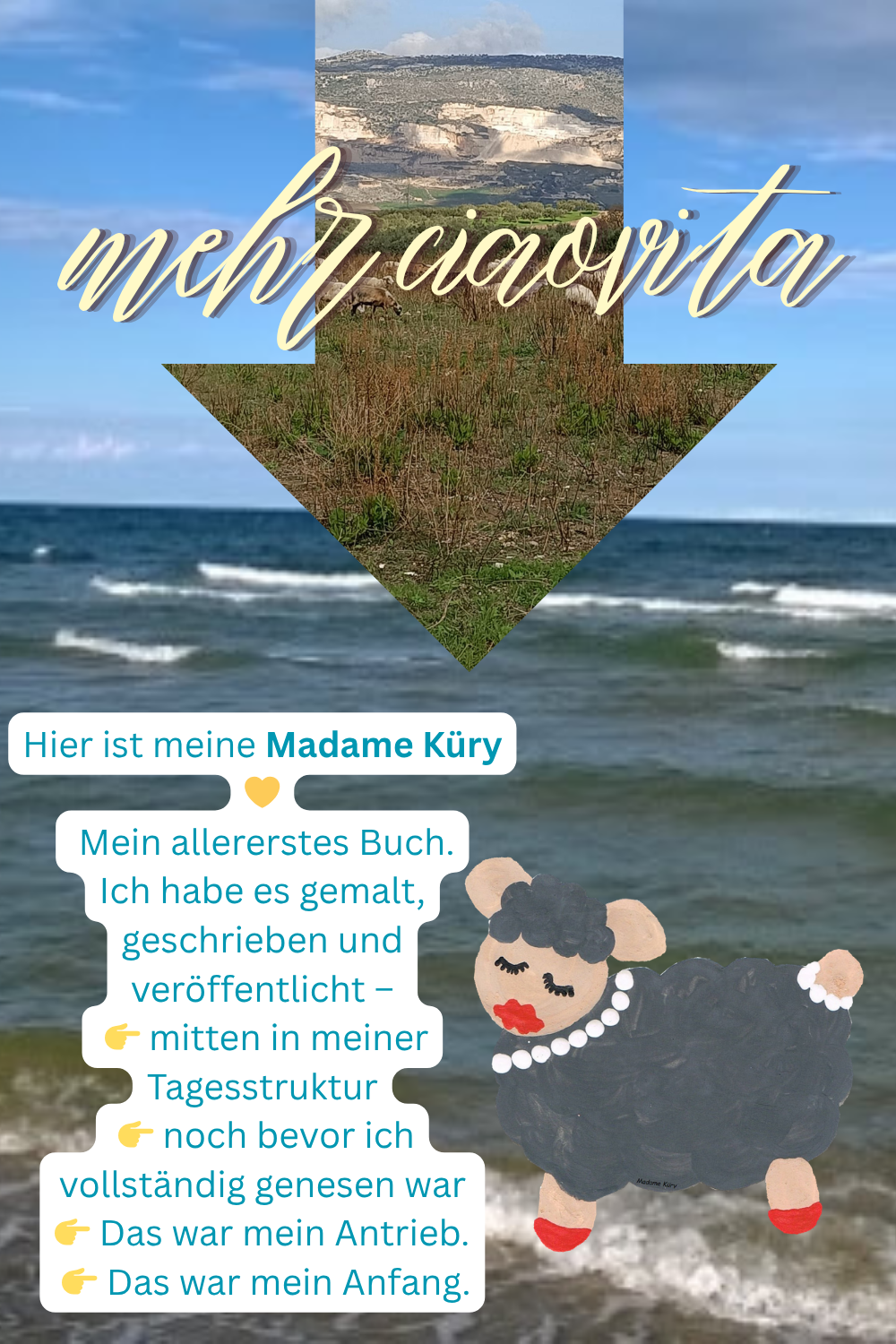 mehr ciaovita
Hier ist meine Madame Küry
Mein allererstes Buch.
Ich habe es gemalt, geschrieben und veröffentlicht –
mitten in meiner Tagesstruktur
noch bevor ich vollständig genesen war
Das war mein Antrieb.
Das war mein Anfang.