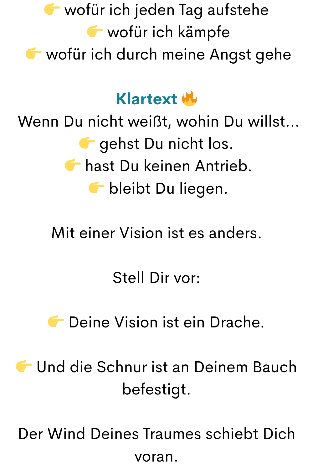 wofür ich jeden Tag aufstehe
wofür ich kämpfe
wofür ich durch meine Angst gehe
Klartext
Wenn Du nicht weißt, wohin Du willst…
gehst Du nicht los.
hast Du keinen Antrieb.
bleibt Du liegen.
Mit einer Vision ist es anders.
Stell Dir vor:
Deine Vision ist ein Drache.
Und die Schnur ist an Deinem Bauch befestigt.
Der Wind Deines Traumes schiebt Dich voran.