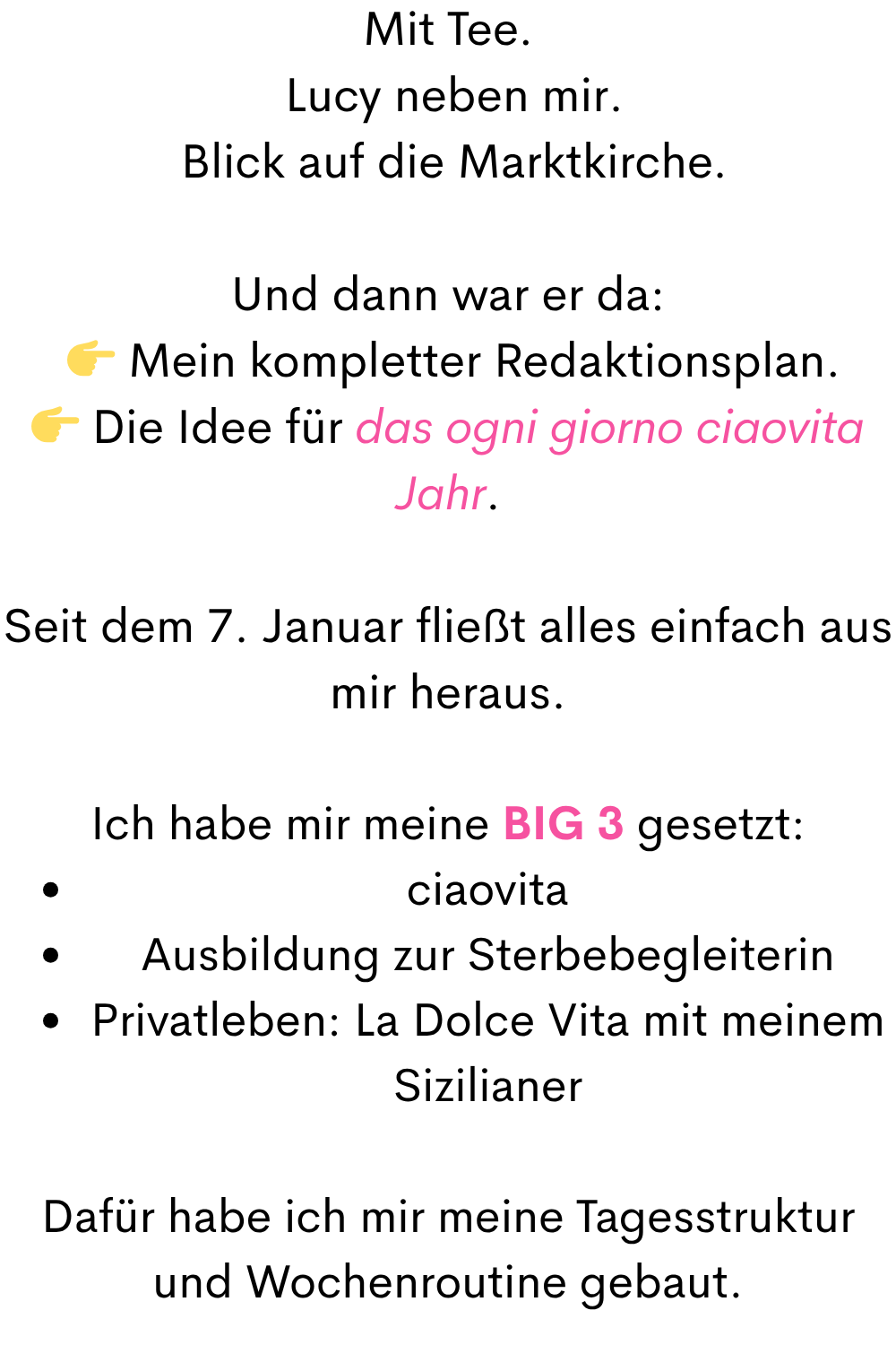 Mit Tee.
 Lucy neben mir.
 Blick auf die Marktkirche.
Und dann war er da:
  Mein kompletter Redaktionsplan.
 Die Idee für das ogni giorno ciaovita Jahr.
Seit dem 7. Januar fließt alles einfach aus mir heraus.
Ich habe mir meine BIG 3 gesetzt:
ciaovita
Ausbildung zur Sterbebegleiterin
Privatleben: La Dolce Vita mit meinem Sizilianer
Dafür habe ich mir meine Tagesstruktur und Wochenroutine gebaut.
