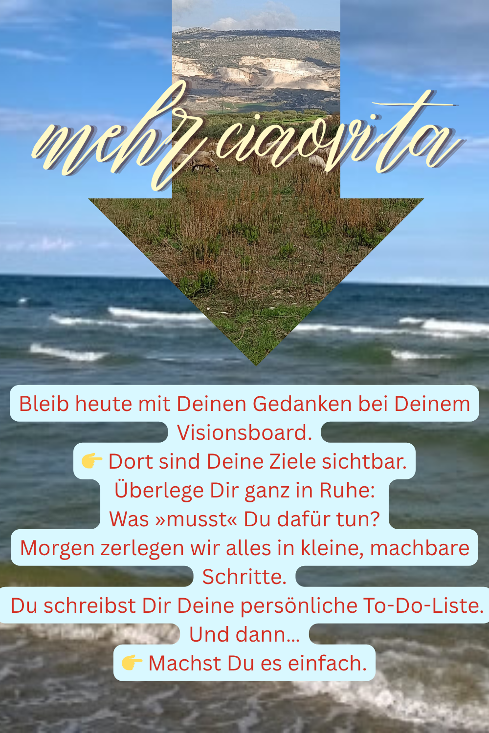 mehr ciaovita
Bleib heute mit Deinen Gedanken bei Deinem Visionsboard.
 Dort sind Deine Ziele sichtbar.
Überlege Dir ganz in Ruhe:
Was »musst« Du dafür tun?
Morgen zerlegen wir alles in kleine, machbare Schritte.
Du schreibst Dir Deine persönliche To-Do-Liste.
Und dann…
 Machst Du es einfach.
