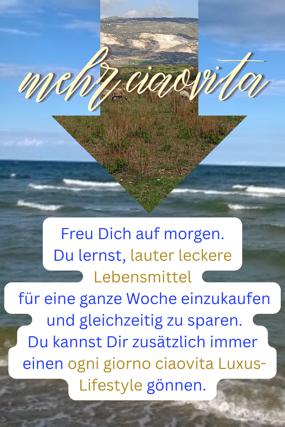 mehr ciaovita
Freu Dich auf morgen.
Du lernst, lauter leckere Lebensmittel
 für eine ganze Woche einzukaufen
 und gleichzeitig zu sparen.
Du kannst Dir zusätzlich immer
 einen ogni giorno ciaovita Luxus-Lifestyle gönnen.