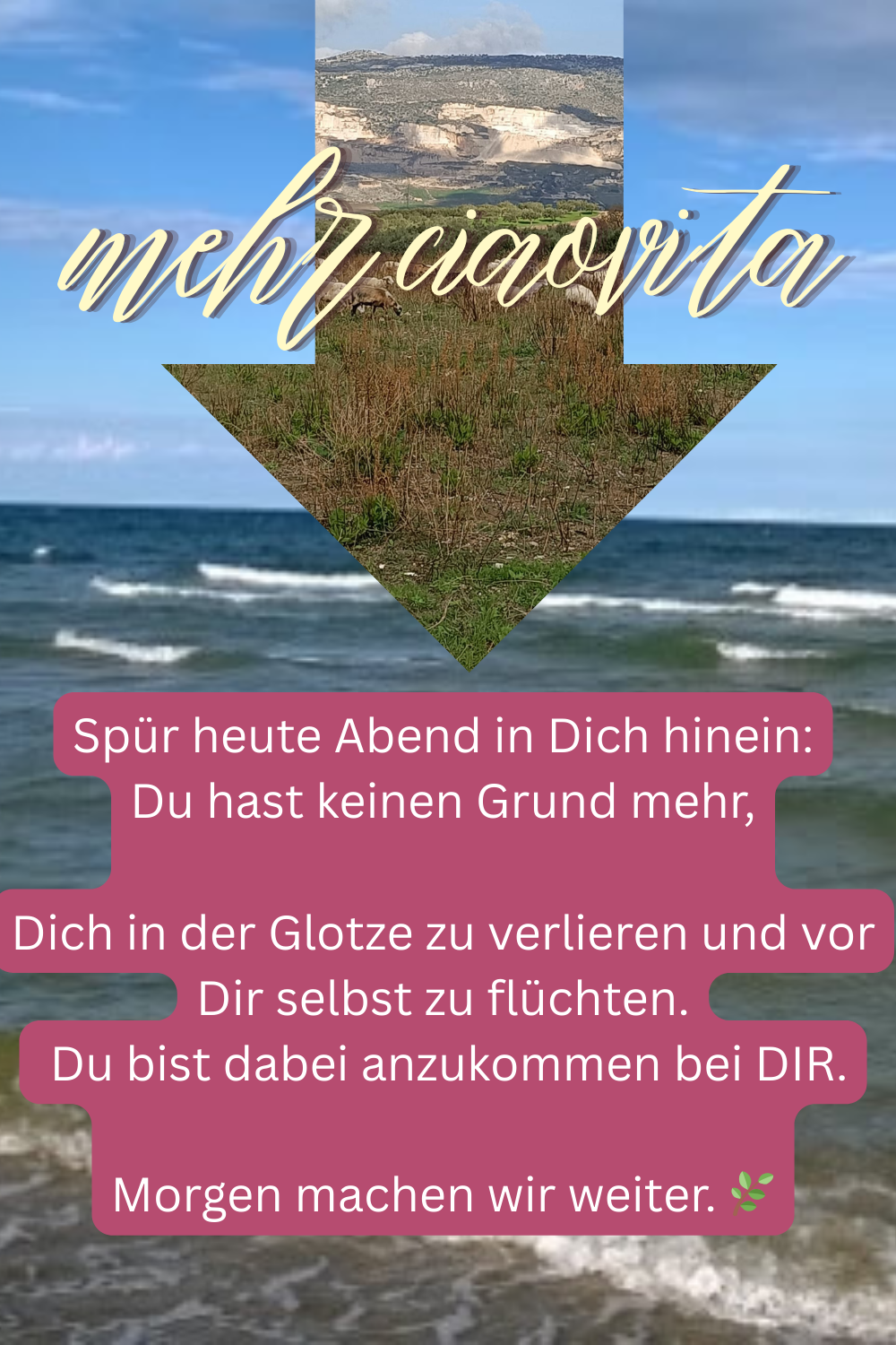 mehr ciaovita
Spür heute Abend in Dich hinein:
Du hast keinen Grund mehr,
Dich in der Glotze zu verlieren und vor Dir selbst zu flüchten.
 Du bist dabei anzukommen bei DIR.
Morgen machen wir weiter. 