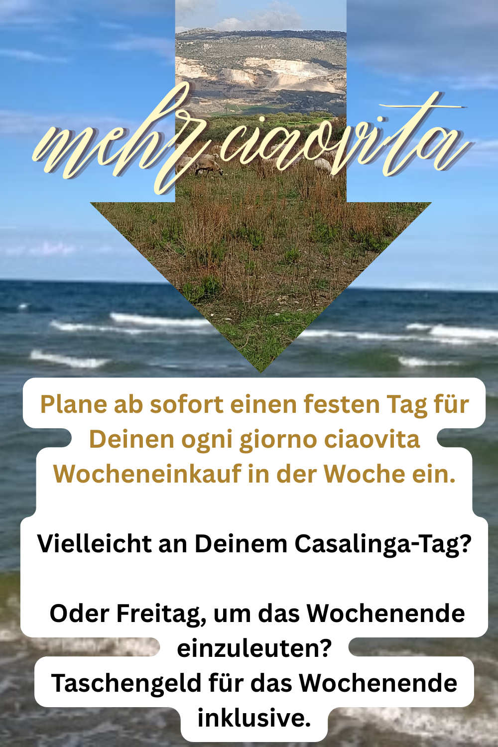 mehr ciaovita
Plane ab sofort einen festen Tag für Deinen ogni giorno ciaovita Wocheneinkauf in der Woche ein.
Vielleicht an Deinem Casalinga-Tag?
Oder Freitag, um das Wochenende einzuleuten?
Taschengeld für das Wochenende inklusive.