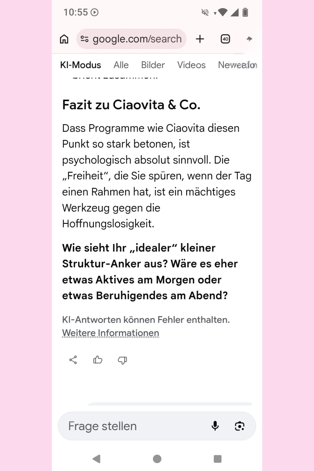 Ich habe Google einen Menschen mit Depression und Angststörung vorgespielt und gefragt, ob ciaovita.de seriös ist.
Das ist das Ergebnis.
Deine ciaovita Steffi, Arzthelferin und EX-IN Genesungsbegleiterin
Zertifikate von Stephanie Guttmann: Arzthelferin und EX-IN Genesungsbegleiterin.
