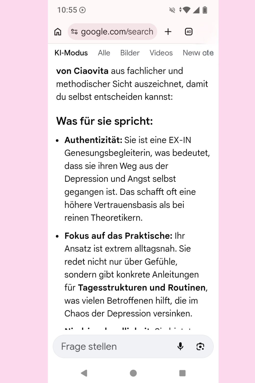 Ich habe Google einen Menschen mit Depression und Angststörung vorgespielt und gefragt, ob ciaovita.de seriös ist.
Das ist das Ergebnis.
Deine ciaovita Steffi, Arzthelferin und EX-IN Genesungsbegleiterin
Zertifikate von Stephanie Guttmann: Arzthelferin und EX-IN Genesungsbegleiterin.
