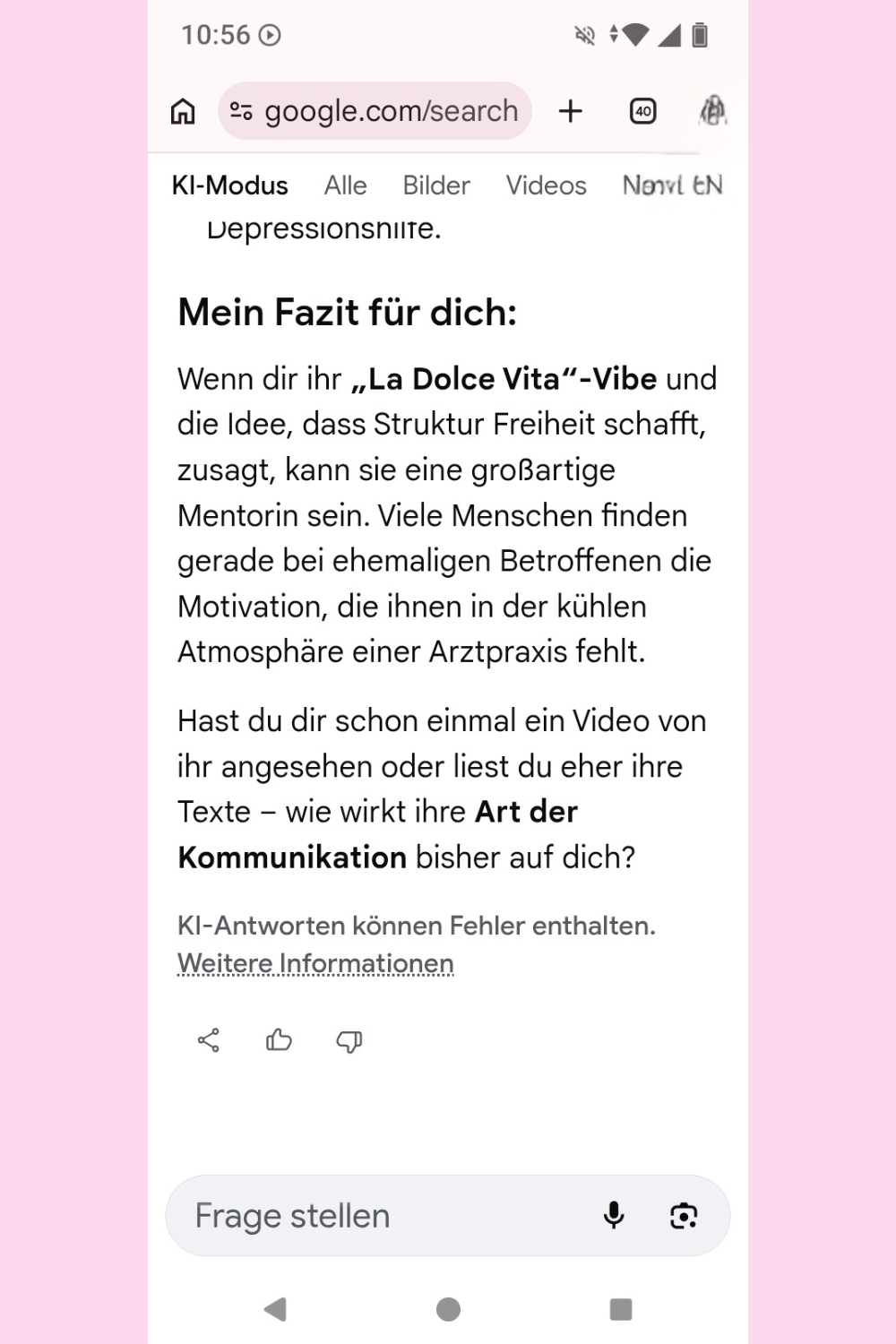Ich habe Google einen Menschen mit Depression und Angststörung vorgespielt und gefragt, ob ciaovita.de seriös ist.
Das ist das Ergebnis.
Deine ciaovita Steffi, Arzthelferin und EX-IN Genesungsbegleiterin
Zertifikate von Stephanie Guttmann: Arzthelferin und EX-IN Genesungsbegleiterin.
