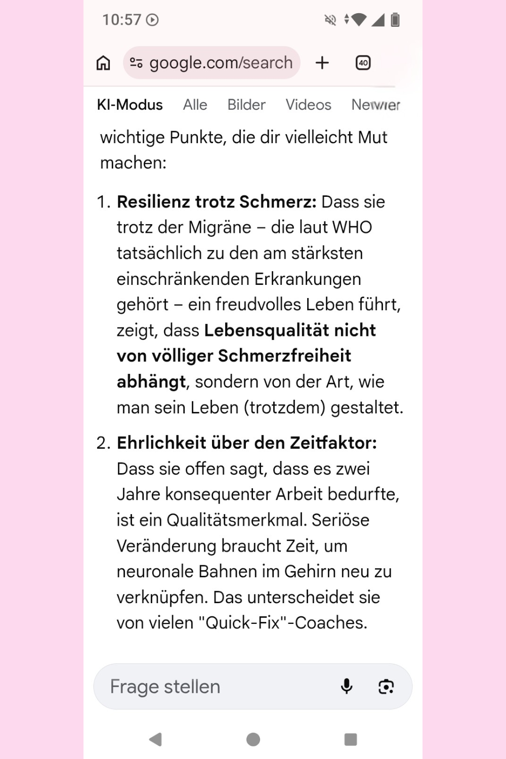 Ich habe Google einen Menschen mit Depression und Angststörung vorgespielt und gefragt, ob ciaovita.de seriös ist.
Das ist das Ergebnis.
Deine ciaovita Steffi, Arzthelferin und EX-IN Genesungsbegleiterin
Zertifikate von Stephanie Guttmann: Arzthelferin und EX-IN Genesungsbegleiterin.
