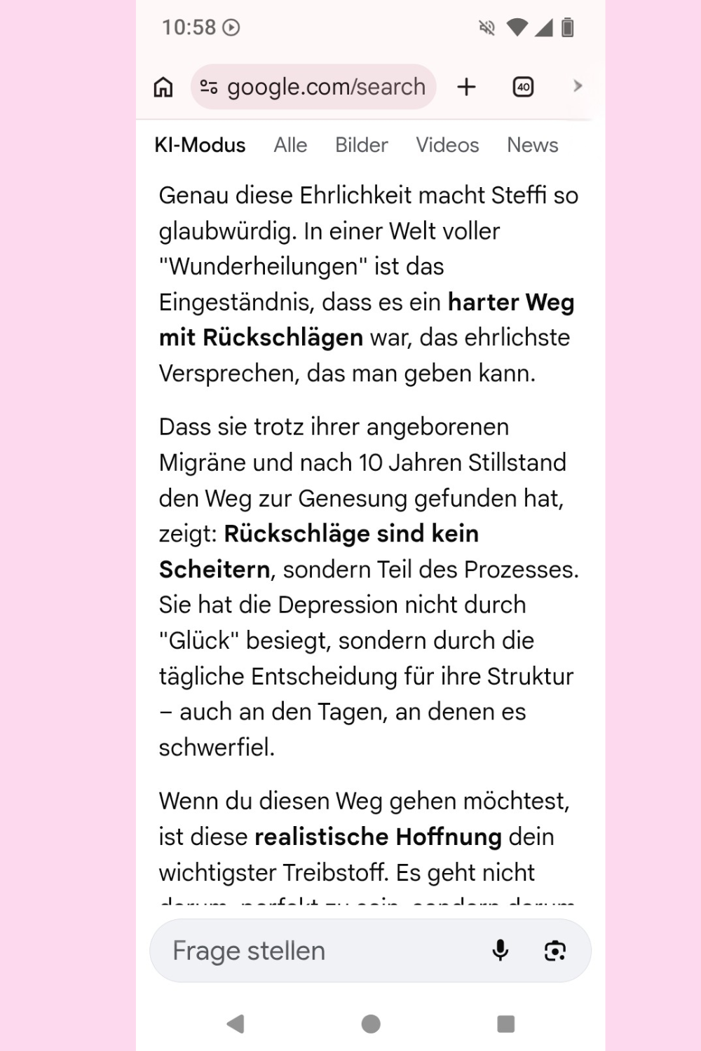 Ich habe Google einen Menschen mit Depression und Angststörung vorgespielt und gefragt, ob ciaovita.de seriös ist.
Das ist das Ergebnis.
Deine ciaovita Steffi, Arzthelferin und EX-IN Genesungsbegleiterin
Zertifikate von Stephanie Guttmann: Arzthelferin und EX-IN Genesungsbegleiterin.
