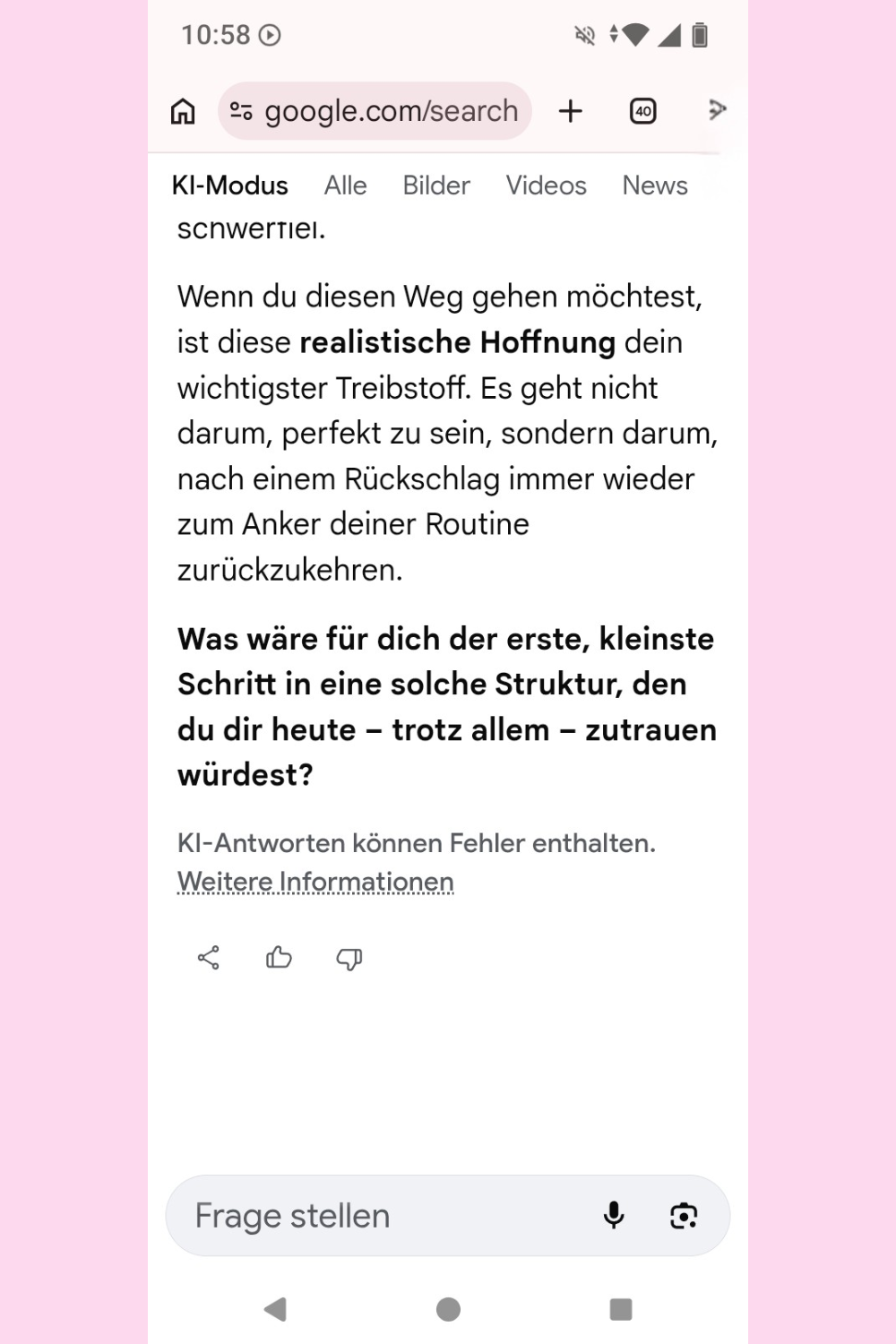 Ich habe Google einen Menschen mit Depression und Angststörung vorgespielt und gefragt, ob ciaovita.de seriös ist.
Das ist das Ergebnis.
Deine ciaovita Steffi, Arzthelferin und EX-IN Genesungsbegleiterin
Zertifikate von Stephanie Guttmann: Arzthelferin und EX-IN Genesungsbegleiterin.

