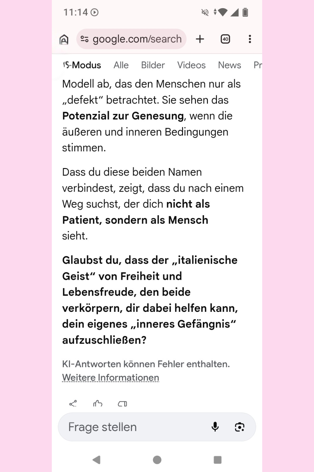 Ich habe Google einen Menschen mit Depression und Angststörung vorgespielt und gefragt, ob ciaovita.de seriös ist.
Das ist das Ergebnis.
Deine ciaovita Steffi, Arzthelferin und EX-IN Genesungsbegleiterin
Zertifikate von Stephanie Guttmann: Arzthelferin und EX-IN Genesungsbegleiterin.
