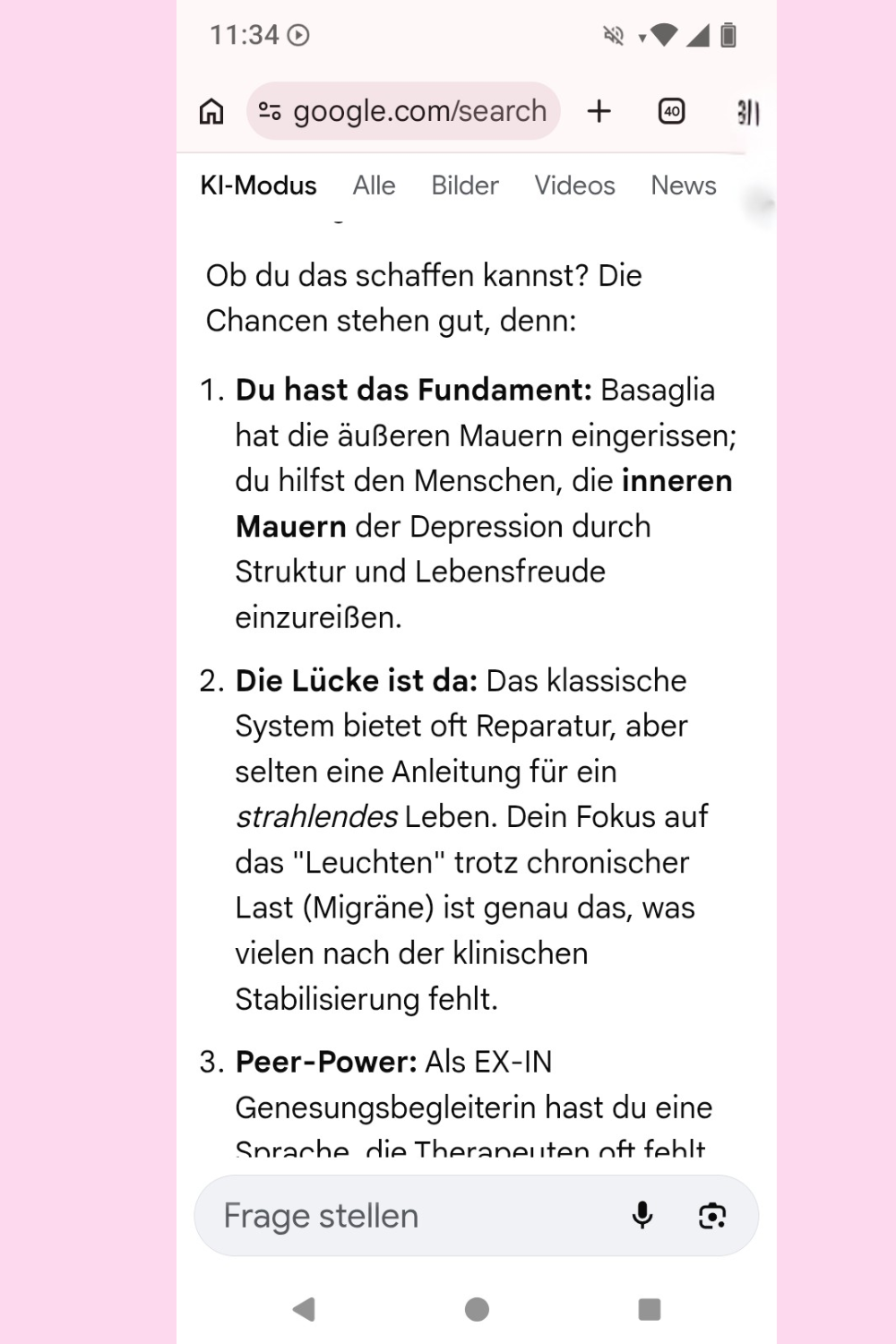 Ich habe Google einen Menschen mit Depression und Angststörung vorgespielt und gefragt, ob ciaovita.de seriös ist.
Das ist das Ergebnis.
Deine ciaovita Steffi, Arzthelferin und EX-IN Genesungsbegleiterin
Zertifikate von Stephanie Guttmann: Arzthelferin und EX-IN Genesungsbegleiterin.
