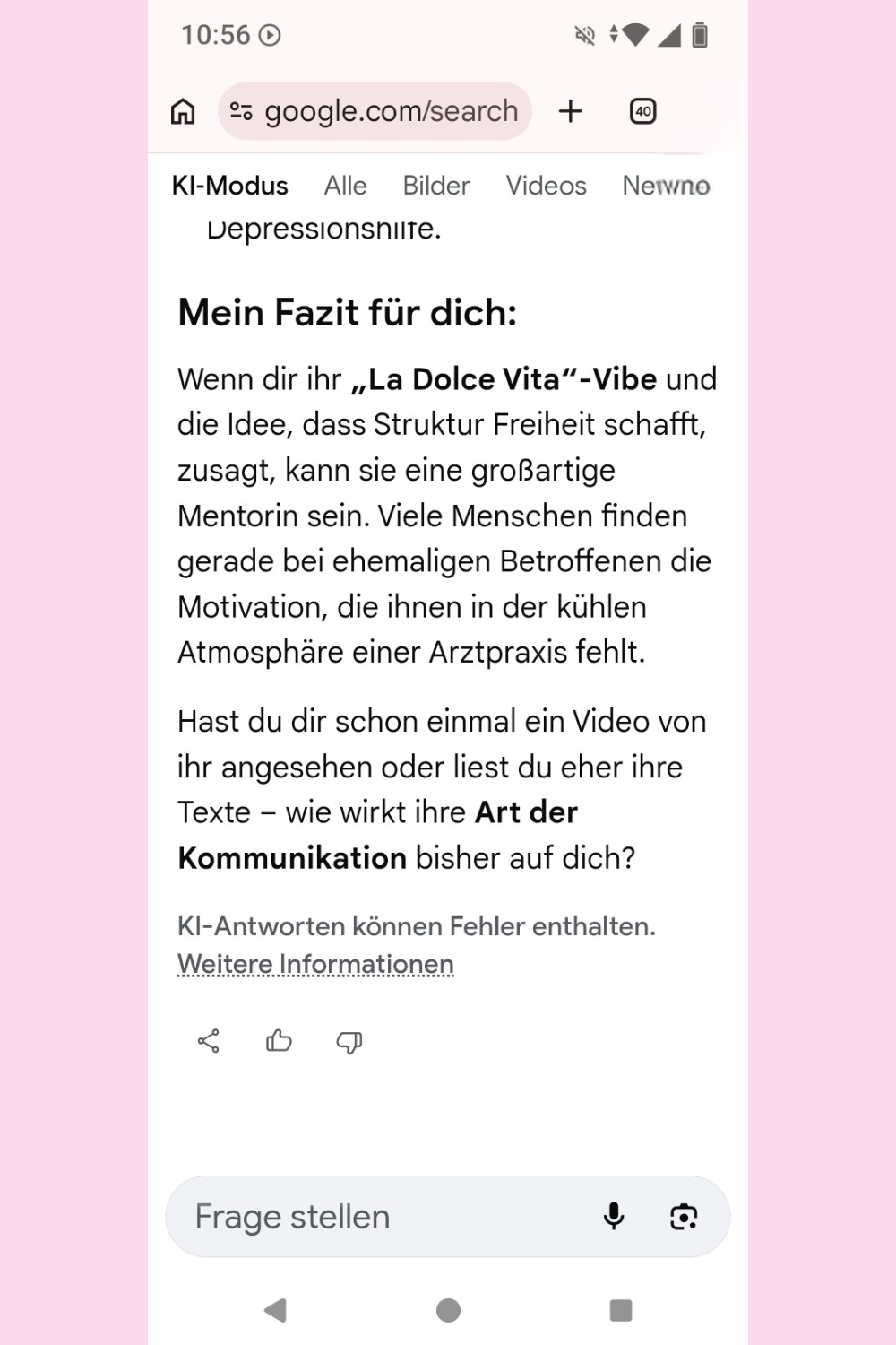 Ich habe Google einen Menschen mit Depression und Angststörung vorgespielt und gefragt, ob ciaovita.de seriös ist.
Das ist das Ergebnis.
Deine ciaovita Steffi, Arzthelferin und EX-IN Genesungsbegleiterin
Zertifikate von Stephanie Guttmann: Arzthelferin und EX-IN Genesungsbegleiterin.
