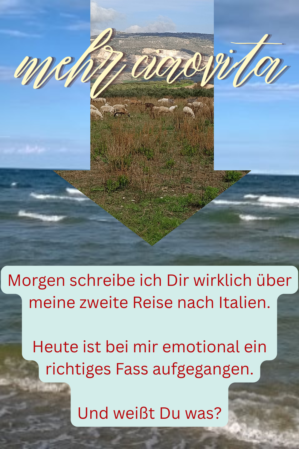 mehr ciaovita
Morgen schreibe ich Dir wirklich über meine zweite Reise nach Italien.
Heute ist bei mir emotional ein richtiges Fass aufgegangen.
Und weißt Du was?