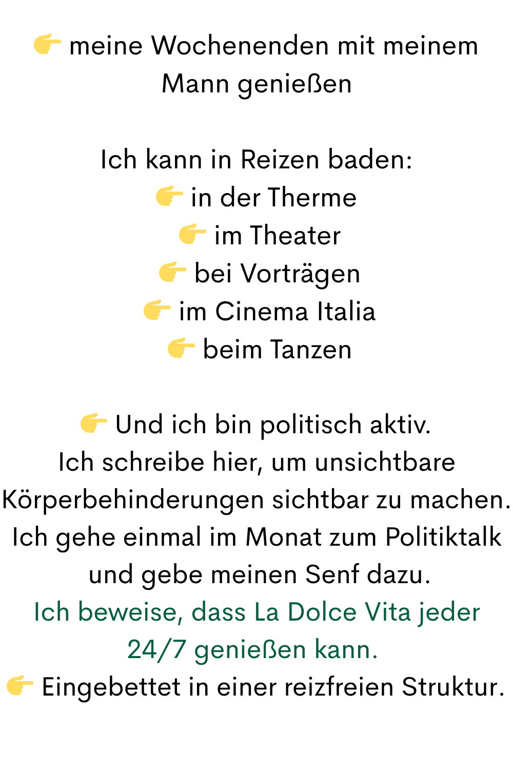 um mich aus meinem psychisch kranken Gefängnis zu befreien…
 Nur um mich meiner Freiheit wieder zu berauben.
 Meine Rente ist ein Geschenk.
Ich kann meine Tagesstruktur so gestalten,
 dass ich nicht 20 Tage im Monat im Bett liege.
 sondern sehr viel mehr Tage symptomfrei LEBE:
Ich habe Energie.
Ich habe Struktur.
 Ich lebe mein Traumleben.
Ich kann:
 meine Ausbildung machen

