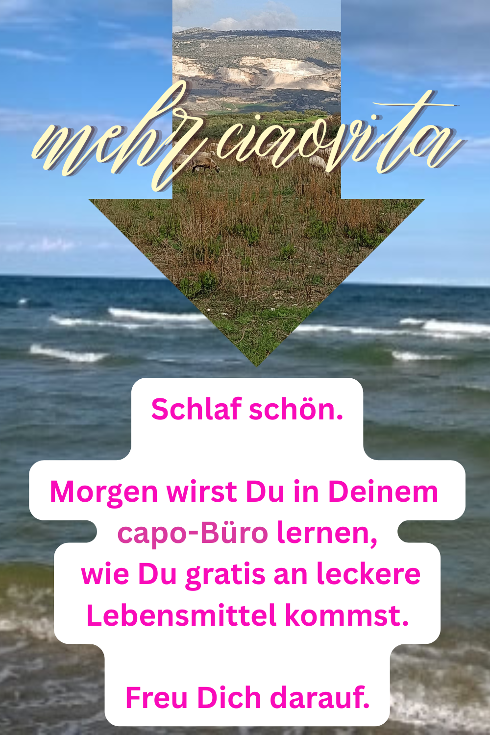 mehr ciaovita
Schlaf schön.
Morgen wirst Du in Deinem 
capo-Büro lernen,
 wie Du gratis an leckere Lebensmittel kommst.
Freu Dich darauf.