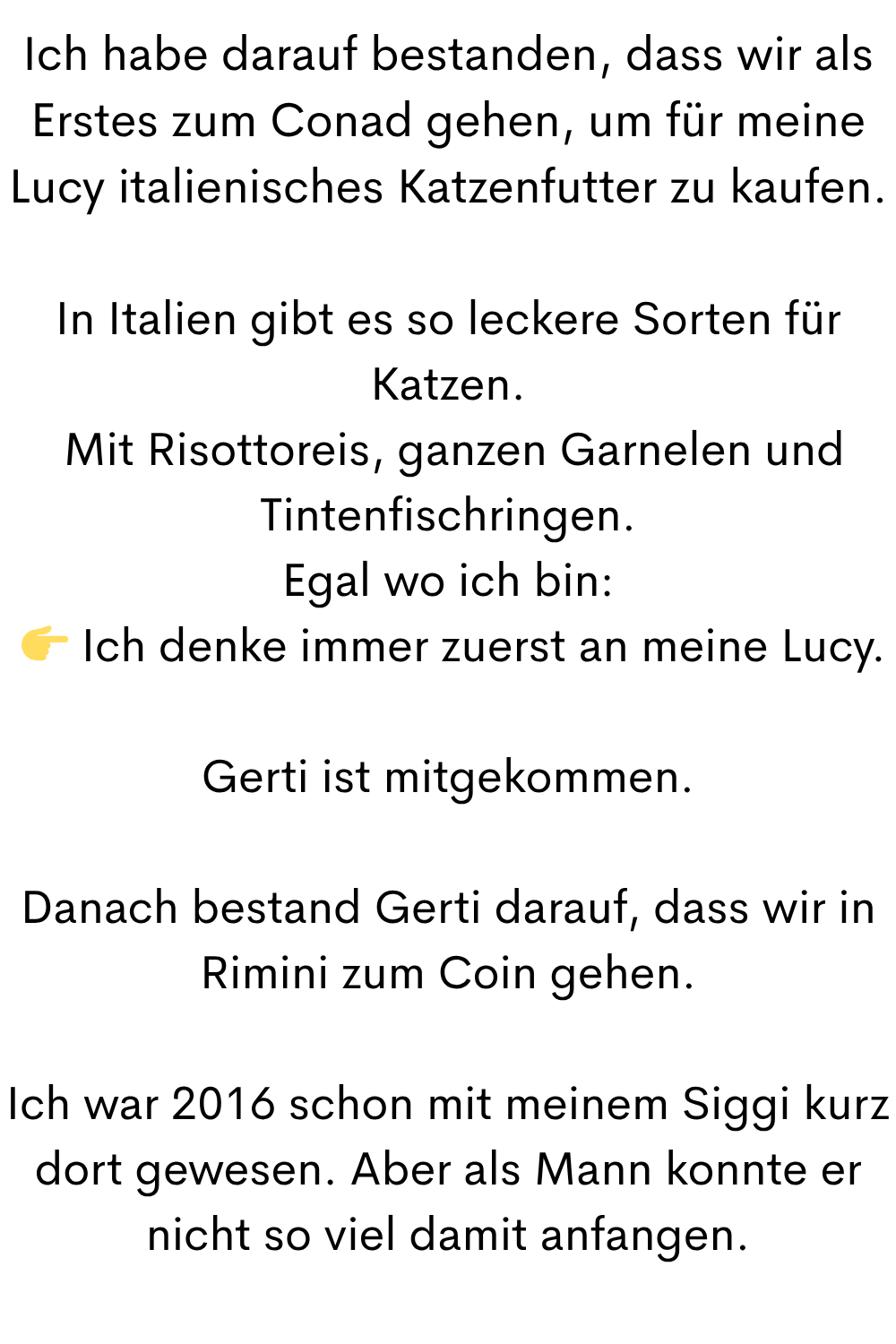 Ich habe darauf bestanden, dass wir als Erstes zum Conad gehen, um für meine Lucy italienisches Katzenfutter zu kaufen.
In Italien gibt es so leckere Sorten für Katzen.
 Mit Risottoreis, ganzen Garnelen und Tintenfischringen.
Egal wo ich bin:
  Ich denke immer zuerst an meine Lucy.
Gerti ist mitgekommen.
Danach bestand Gerti darauf, dass wir in Rimini zum Coin gehen.
Ich war 2016 schon mit meinem Siggi kurz dort gewesen. Aber als Mann konnte er nicht so viel damit anfangen.
