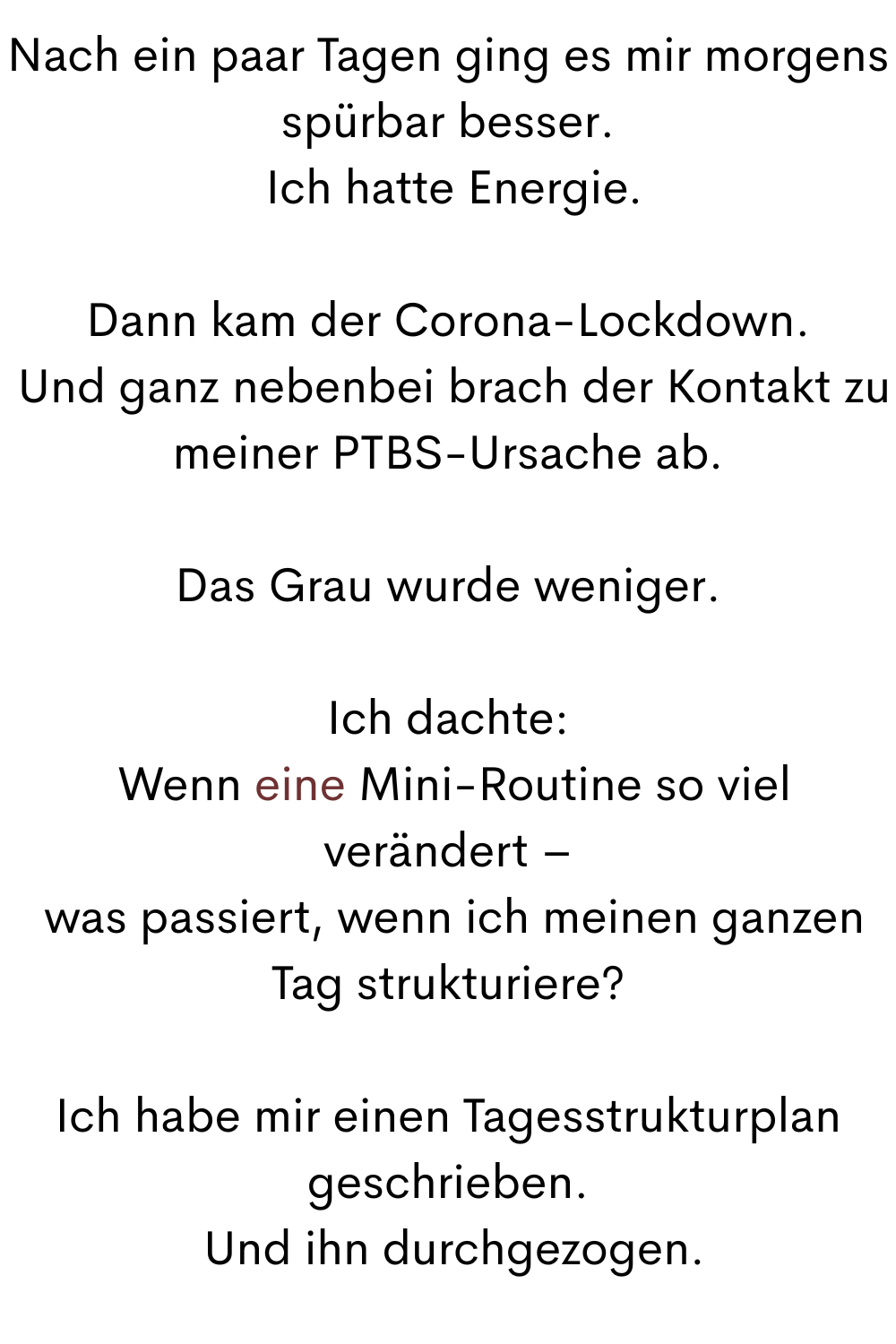 Nach ein paar Tagen ging es mir morgens spürbar besser.
 Ich hatte Energie.
Dann kam der Corona-Lockdown.
 Und ganz nebenbei brach der Kontakt zu meiner PTBS-Ursache ab.
Das Grau wurde weniger.
Ich dachte:
 Wenn eine Mini-Routine so viel verändert –
 was passiert, wenn ich meinen ganzen Tag strukturiere?
Ich habe mir einen Tagesstrukturplan geschrieben.
 Und ihn durchgezogen.